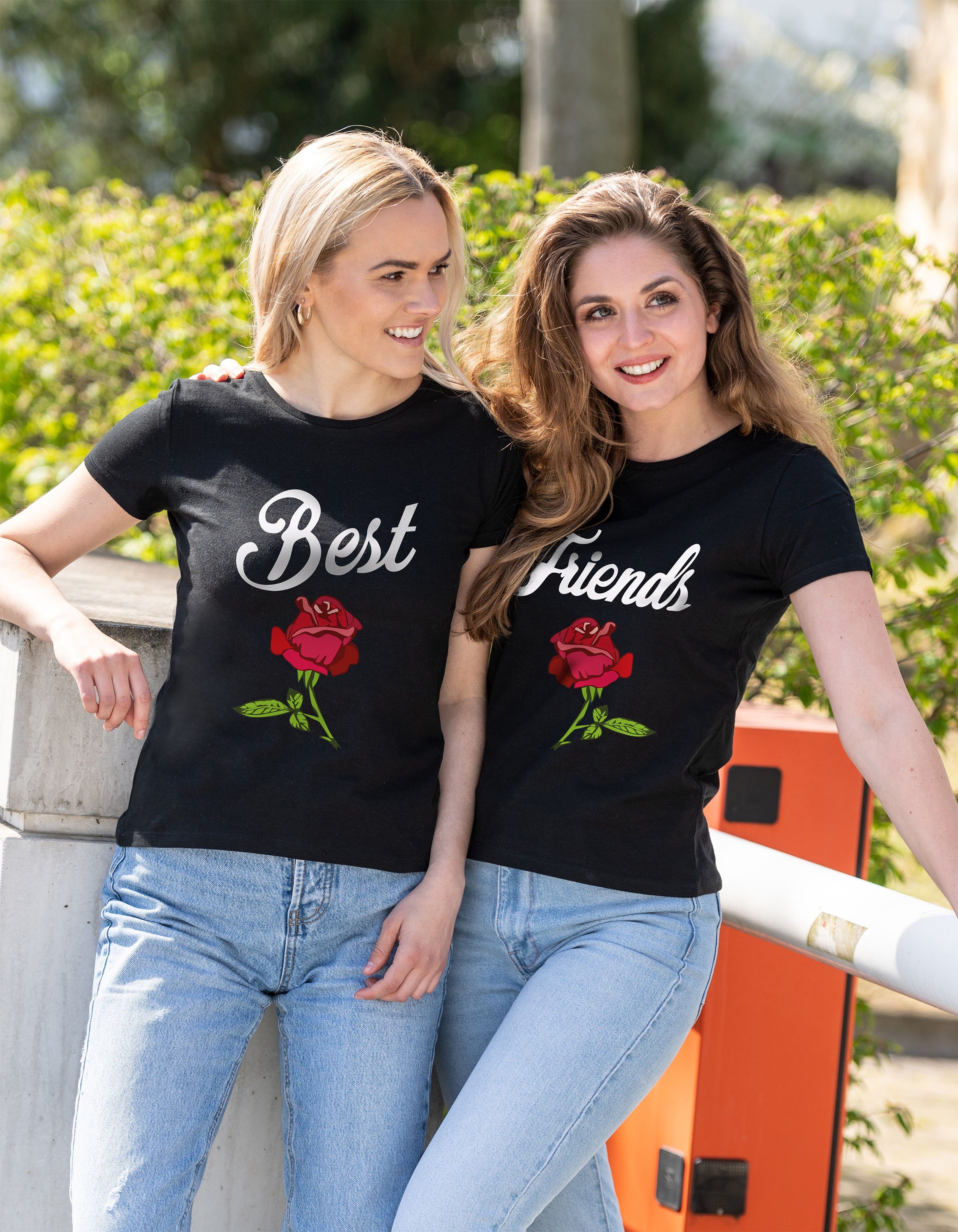 Couples Shop T-Shirt Best Friends BFF Rose Damen T-Shirt Freunde Set mit trendigem Frontprint