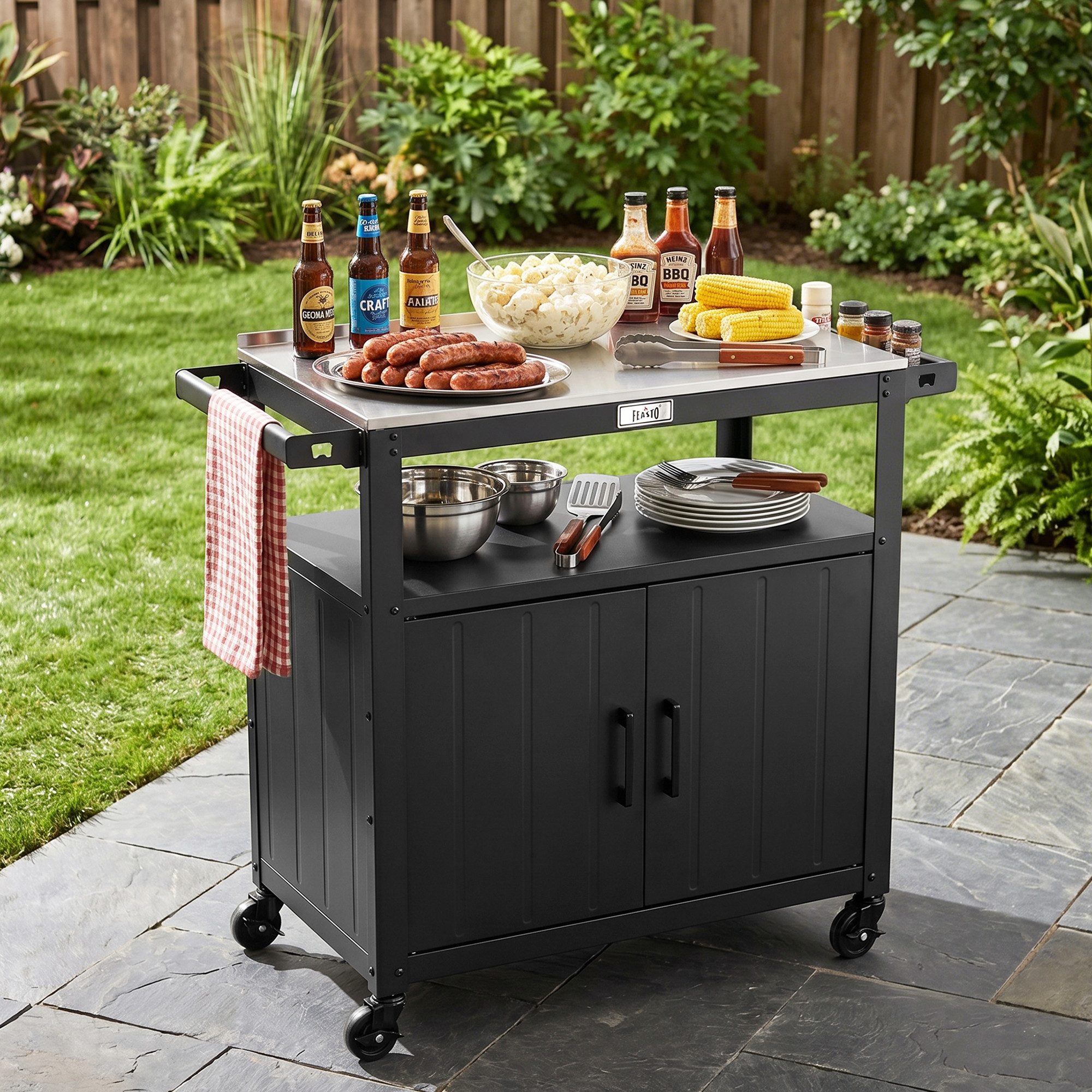 Feasto Servierwagen Grillwagen Outdoor Küche mit Edelstahl-Arbeitsplatte & Stauraum, Mobiler BBQ-Schrank mit 360° Lenkrollen, Maße 100 x 45 x 89,5 cm