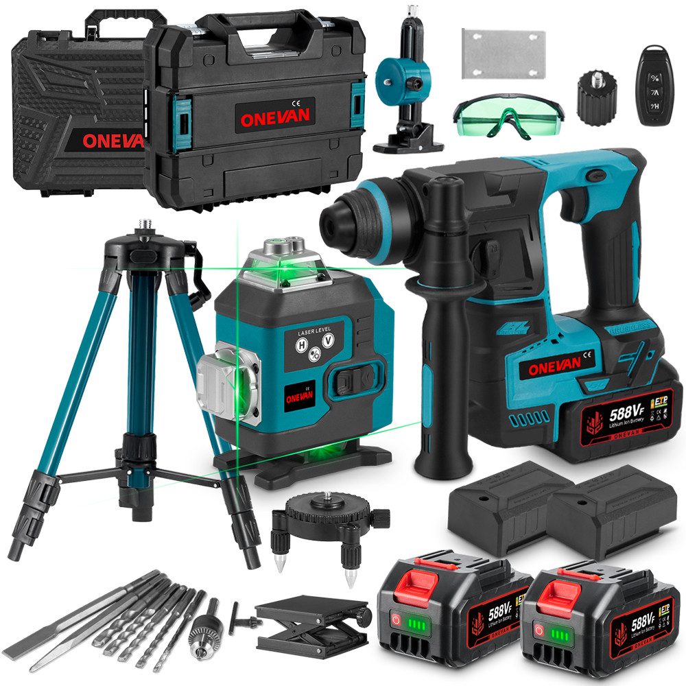 ONEVAN Laserwasserwaage Akku-Bohrhamme Set mit 4x Akku & Stativ(1M) Bürsten günstig online kaufen