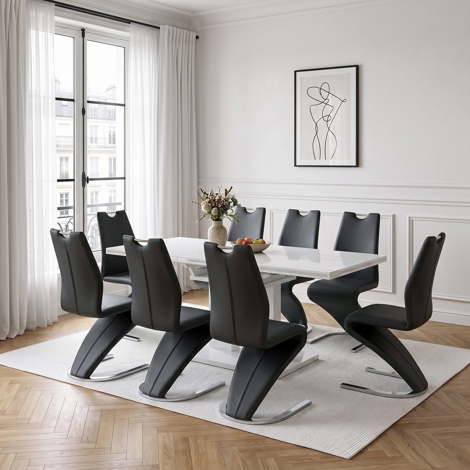 Jiexi Essgruppe 7/9 Set mit einem Esstisch und 6/8 Stühlen PU-Leder Meerjungfrauform