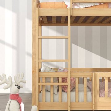 Flieks Etagenbett (mit rechtwinkliger Leiter, Zäune und Tür), Hochbett Kiefernholz Kinderbett mit oberem Lattenrost 90*200cm