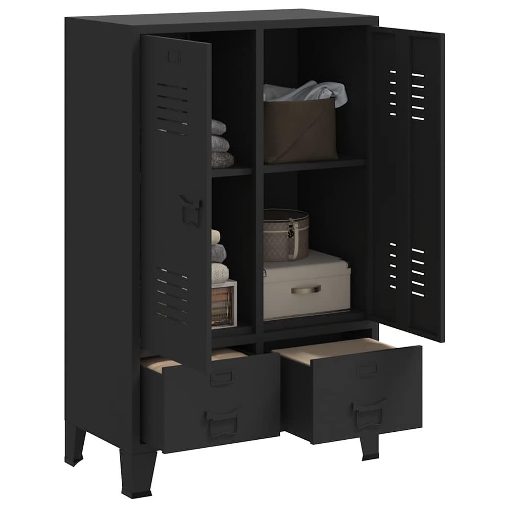 furnicato Kleiderschrank Industrieller 67x35x107 cm Schwarz Metall (1-St) Spind mit zwei Schubladen, Einlegeböden und Namenskartenhaltern