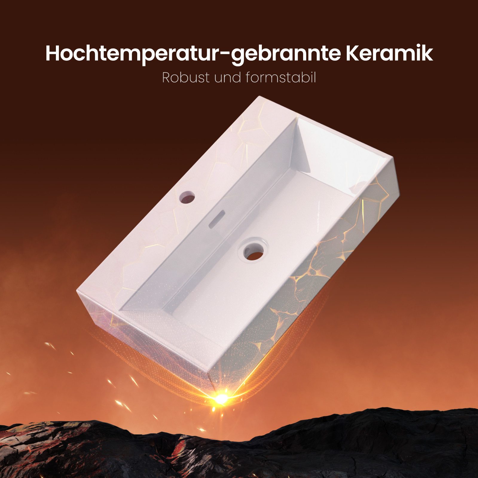 EMKE Aufsatzwaschbecken Keramik Waschtisch Eckiger Hängewaschbecken für Badezimmer/Gäste-WC (Packung, Mit Hahnloch),Leicht zu reinigen, mit Nano Beschichtung( 6 – Bild 5 von 5