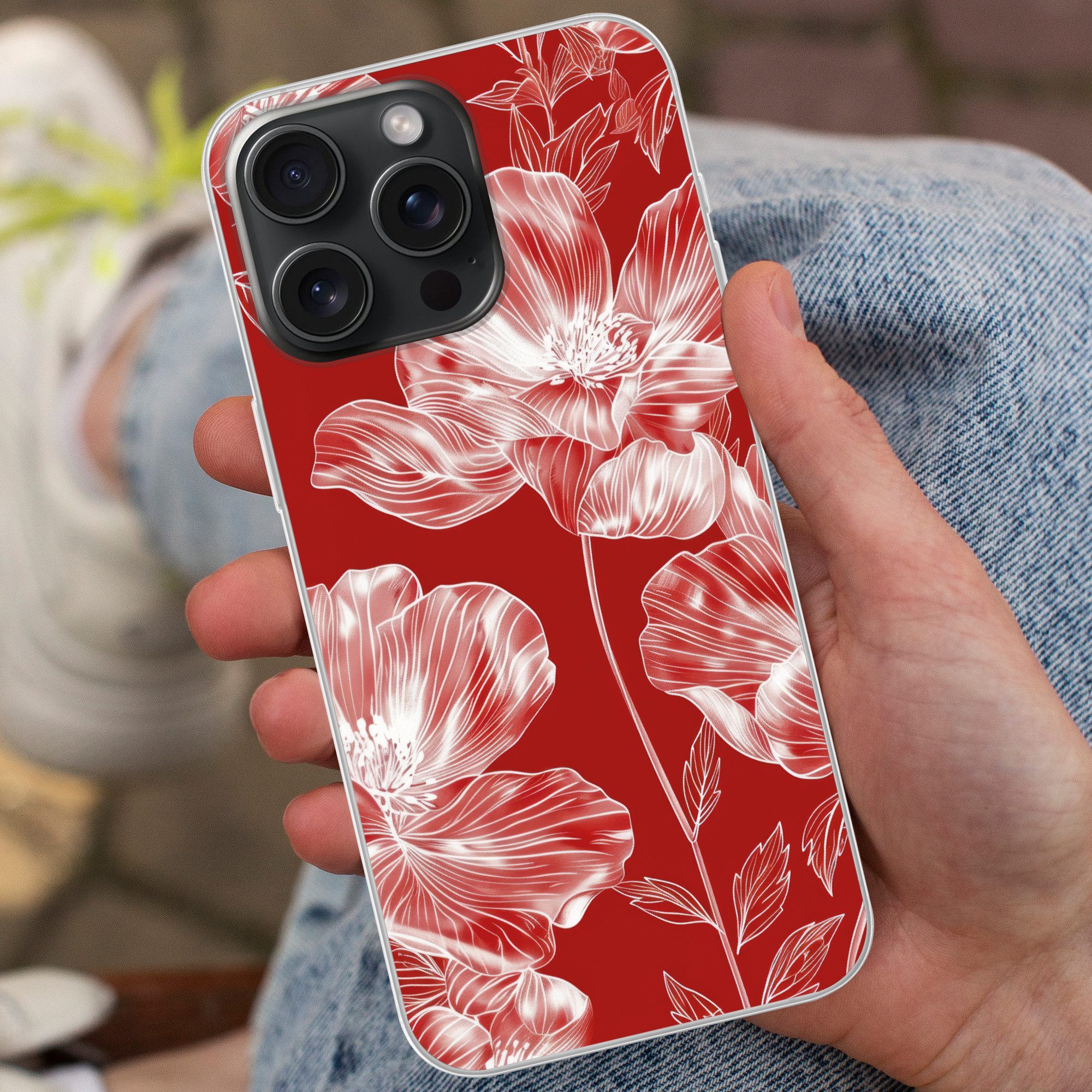 MuchoWow Handyhülle für Apple iPhone 15 Pro Max Blumen - Muster - Rot - Weiß, Smartphone-Bumper, Print, Handy Schutzhülle Dünn