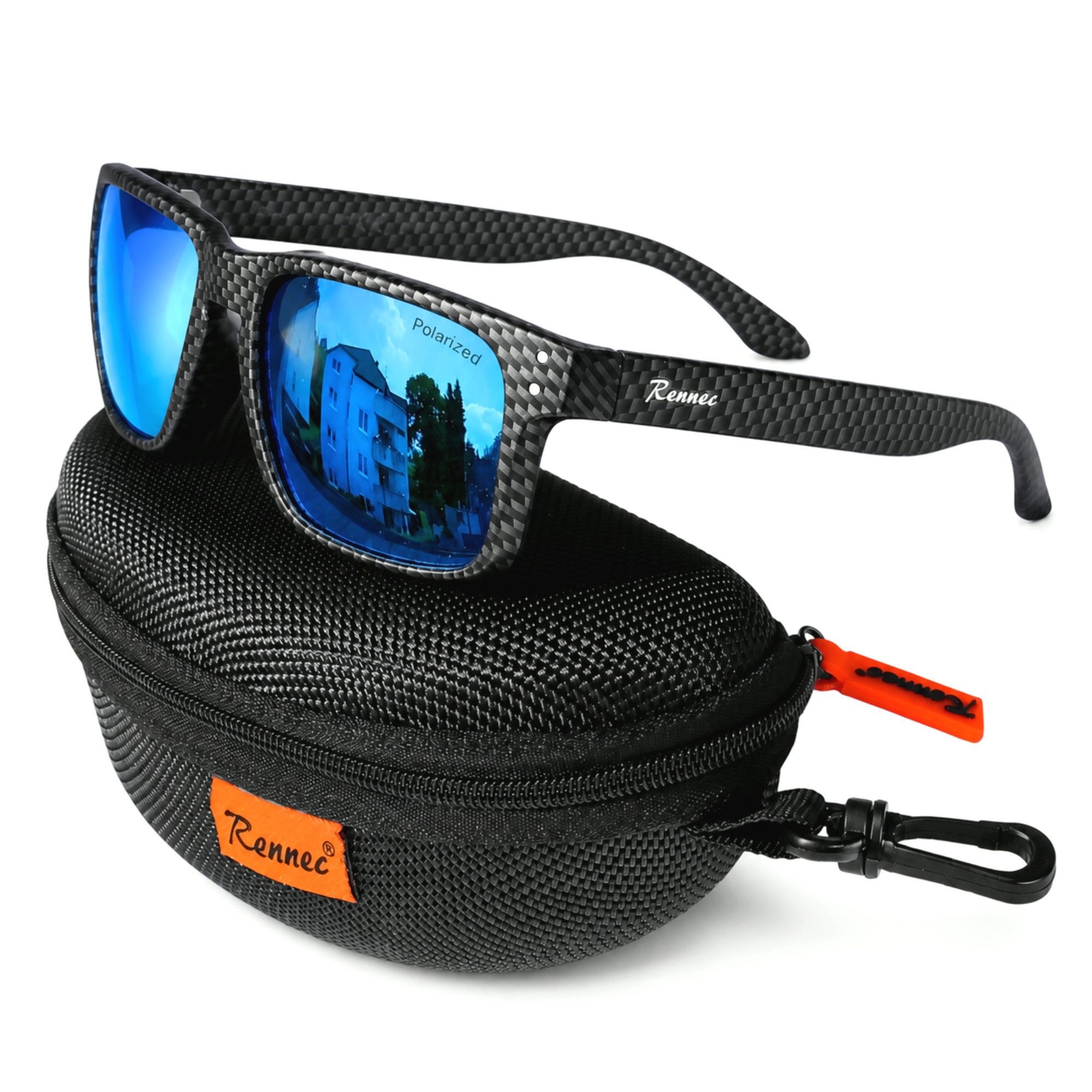 Rennec Sonnenbrille Herren Polarisiert Rechteckig Carbon Optik mit Hardcase Gläser UV400 Getönt oder Verspiegelt, Edelstahl Bügelgelenke 3in2