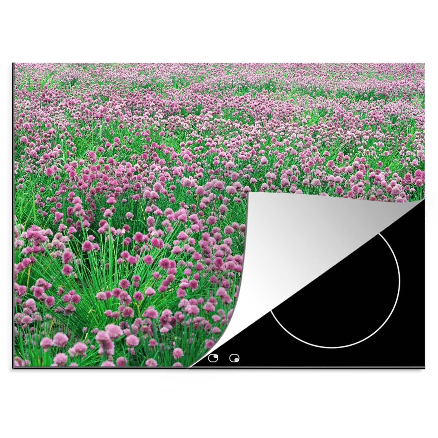 MuchoWow Herdblende-/Abdeckplatte Ein schönes Feld mit lila Schnittlauchpflanzen, Vinyl, (1 tlg), 70x52 cm, Mobile Arbeitsfläche nutzbar, Ceranfeldabdeckung