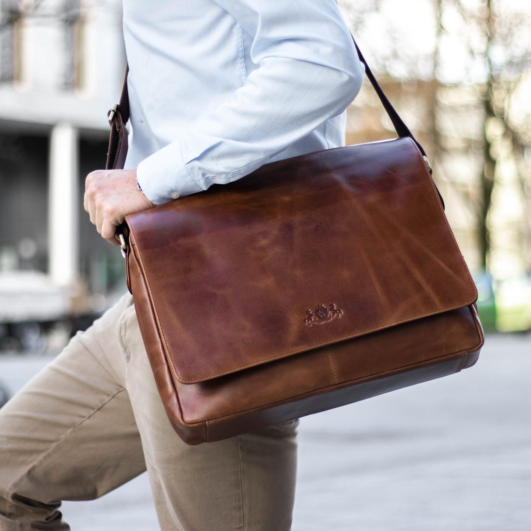 SID & VAIN Messenger Bag SPENCER groß Laptop-Tasche 15 Zoll echt Leder, Umhaengetasche Laptop Fach Herren Damen Schultertasche hell-braun