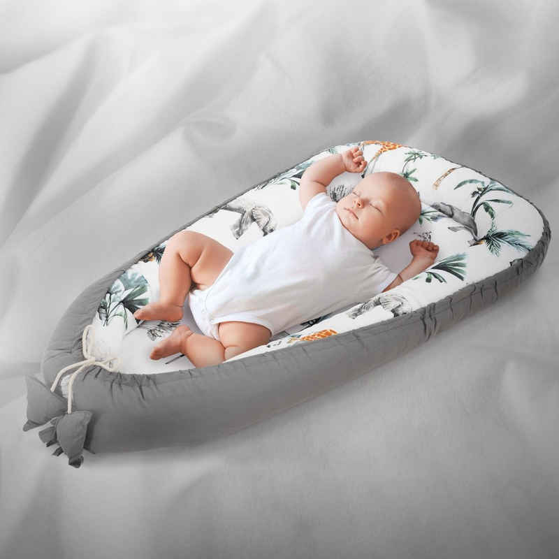 Joyz Babybett Baby Nestchen mit Muster aus Baumwolle waschbar bei 40 Grad, 1-tlg., Babynest Safari Dunkelgrau 90x50cm Baumwolle zweiseitig antiallergisch