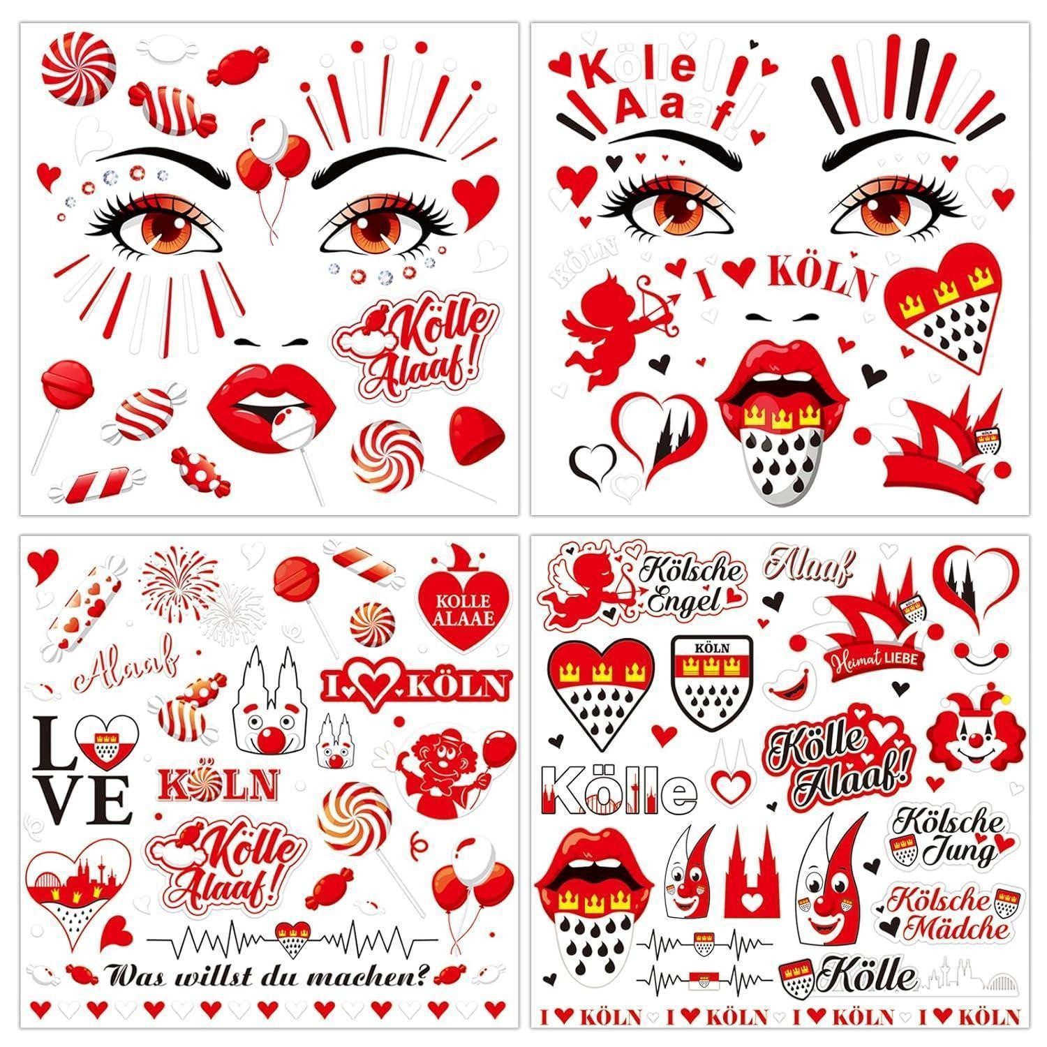 Kindertattoo Gesichtstattoo 4 Bogen Aufkleber Karneval Köln Alaaf Rot Weiss