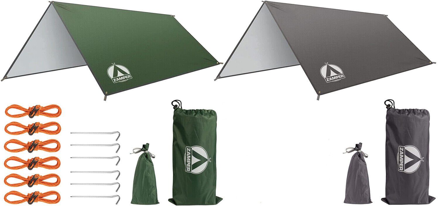 Zamper Tarp-Zelt Tarp Zeltplane 3x3m Wasserdicht – Camping Sonnensegel für Sonnenschutz, Personen: 2 (Zelt-Planen Set mit 6 Heringen und Abspannseilen), Wasserdichte 210D Oxford Ripstop Tarp Plane mit UV-Schutz Kaffee/Grau