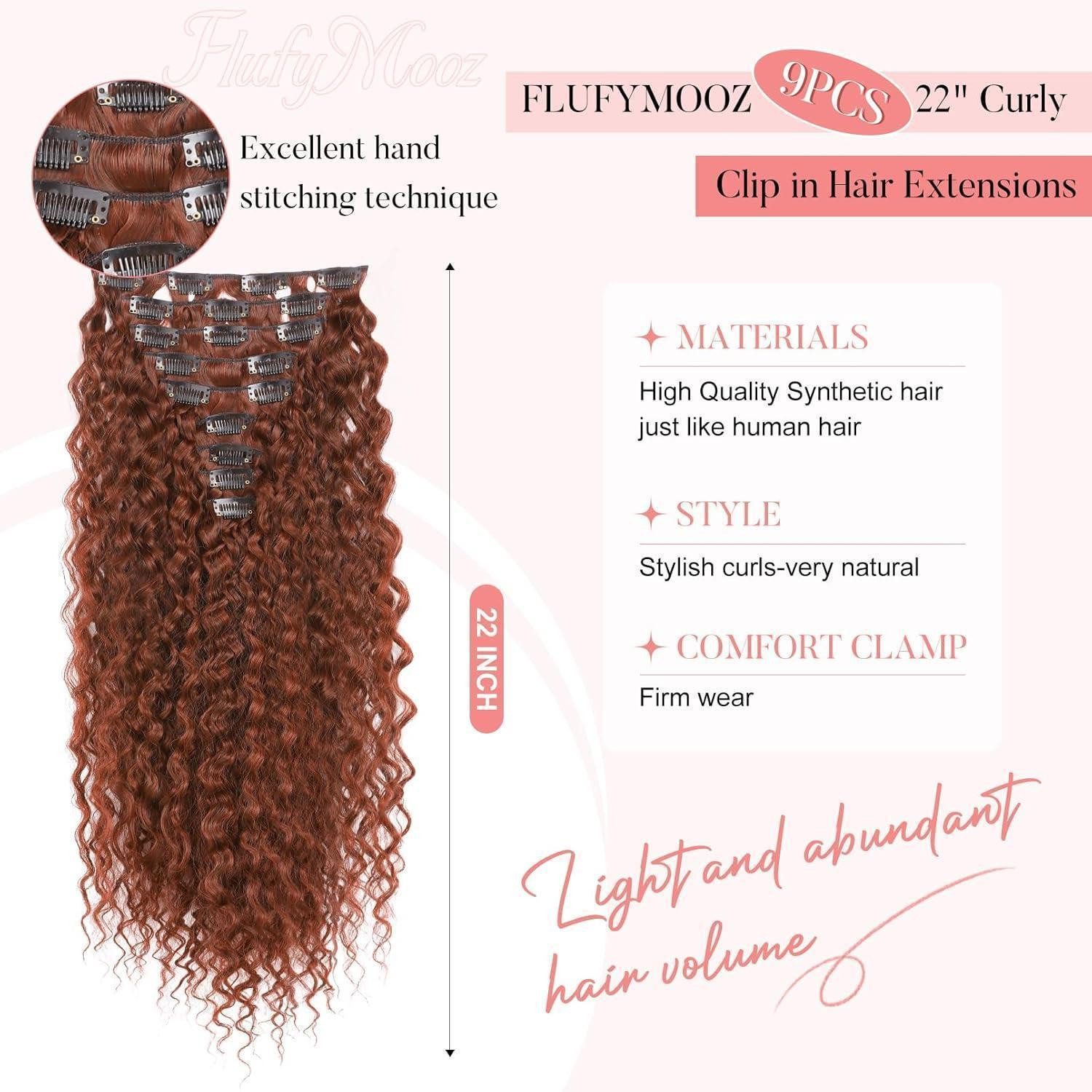 LuxusKollektion Kunsthaar-Extension Haarverlängerungen Clip in 9PCS 22 Inch Lockig Damen 56 CM Rot Kupfer