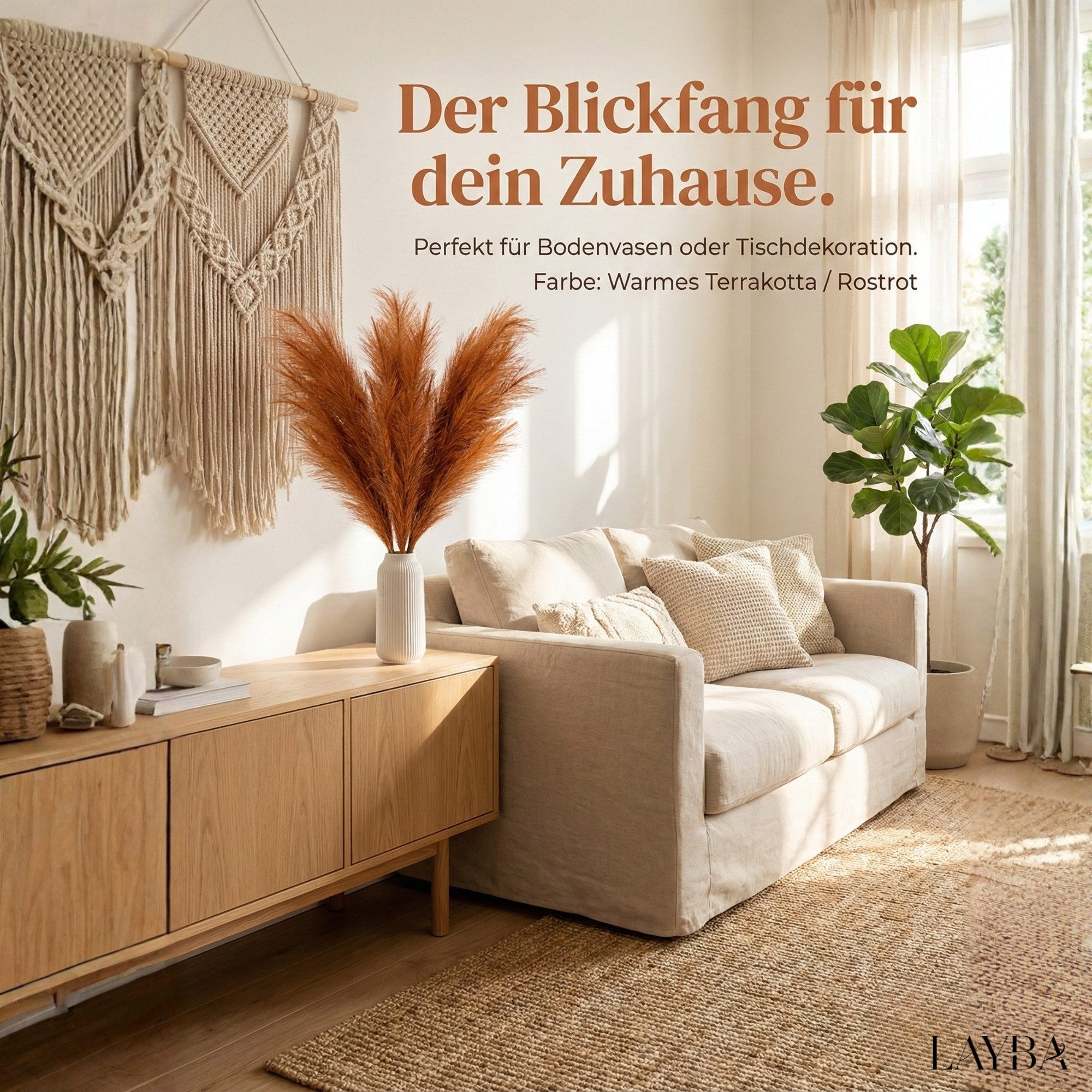 Kunstgras Pampasgras Deko Künstlich XXL Pampasgras Braun - Terracotta Pampasgras, Layba, Höhe 100 cm, 3 Stiele Pampas Hell Orange ~ Terracotta