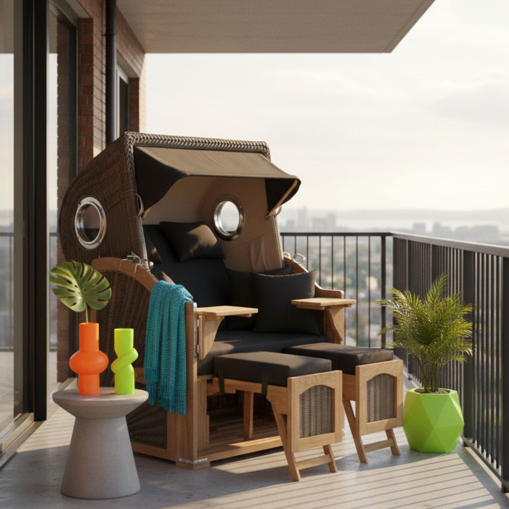 MR.DEKO Strandkorb Düne 2-Sitzer Teak Bullauge wetterfest PE-Geflecht grey, BxTxH: 125x80x170 cm, Düne, Düne, (Fertig montierter Strandkorb für Garten, Terrasse & Balkon), Wetterfester Volllieger mit Edelstahlbeschlägen & waschbaren Polstern