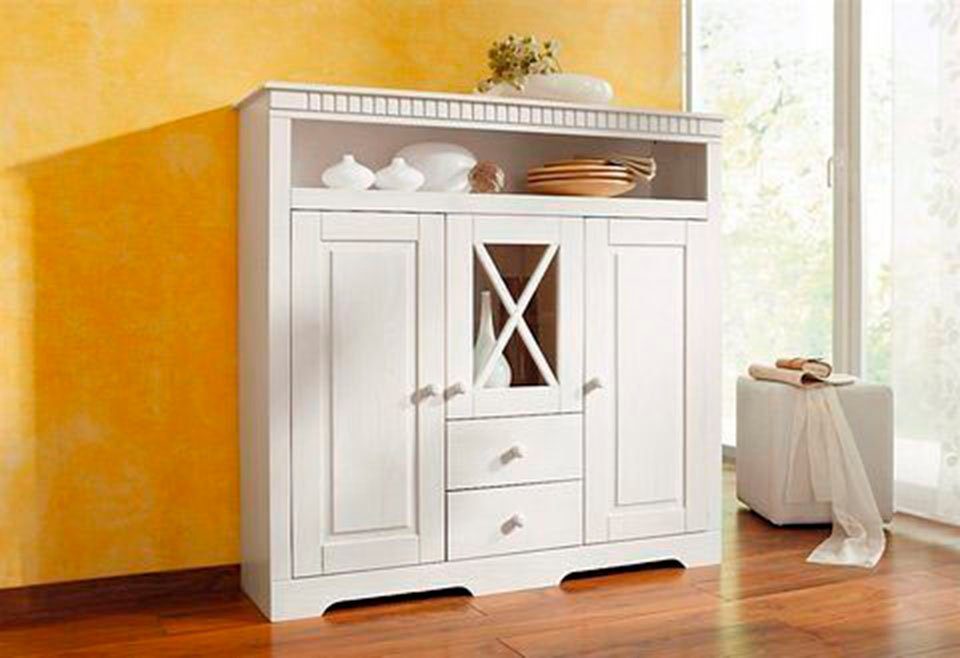 OTTO home Highboard Lisa, Stauraumschrank aus massivem Kiefernholz, mit dekorativen Fräsungen