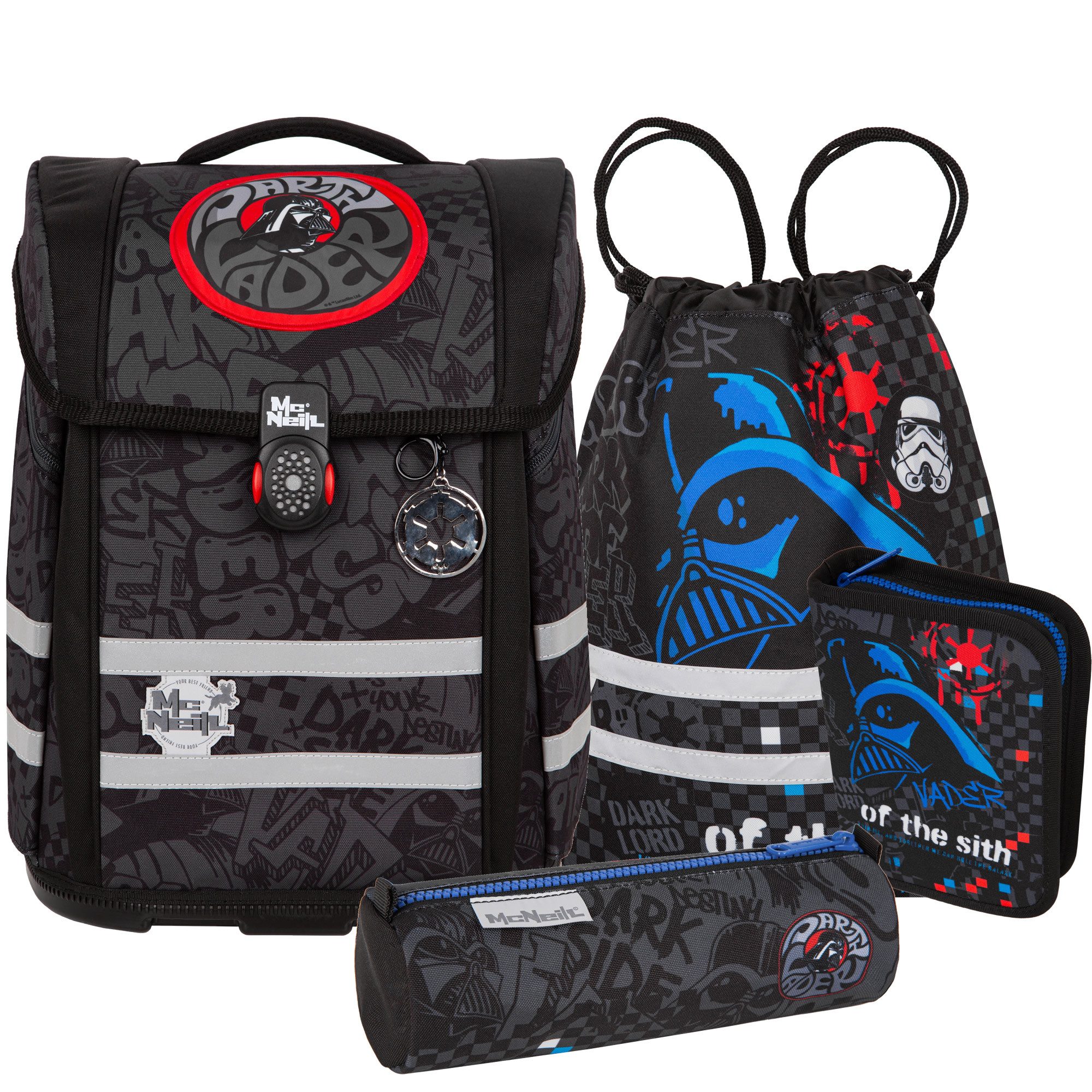 McNeill Schulranzen Perfecto Star Wars 5tlg. Disney Schulranzen ergonomisch ClickFlex (Spar-Set, Sportbeutel, Magnet & Anhänger, Schlampermappe, Federmappen befüllt), ClickFlex Rückensystem, mitwachsend, ergonomisch