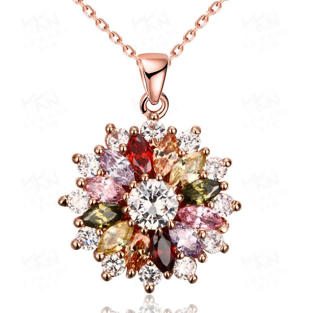 RAIKOU Collier Damen Halskette Blumen Anhänger mit bunten Zirkonia Silber/Rosen Farbe, Anti-Oxidations-Schmuckbox
