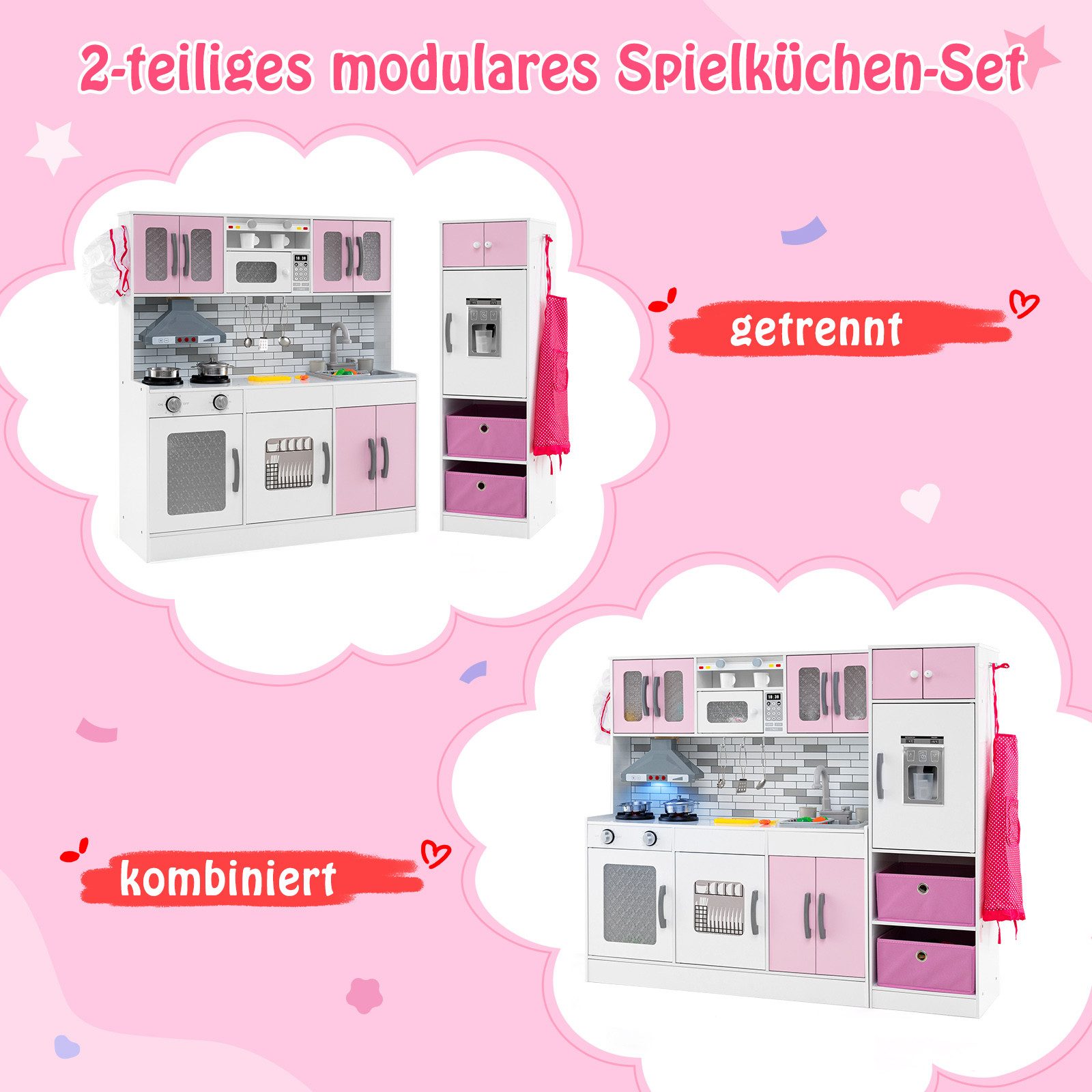 KOMFOTTEU Spielküche, mit Licht und Sound, Herd, Spüle, Kühlschrank & Dunstabzugshaube