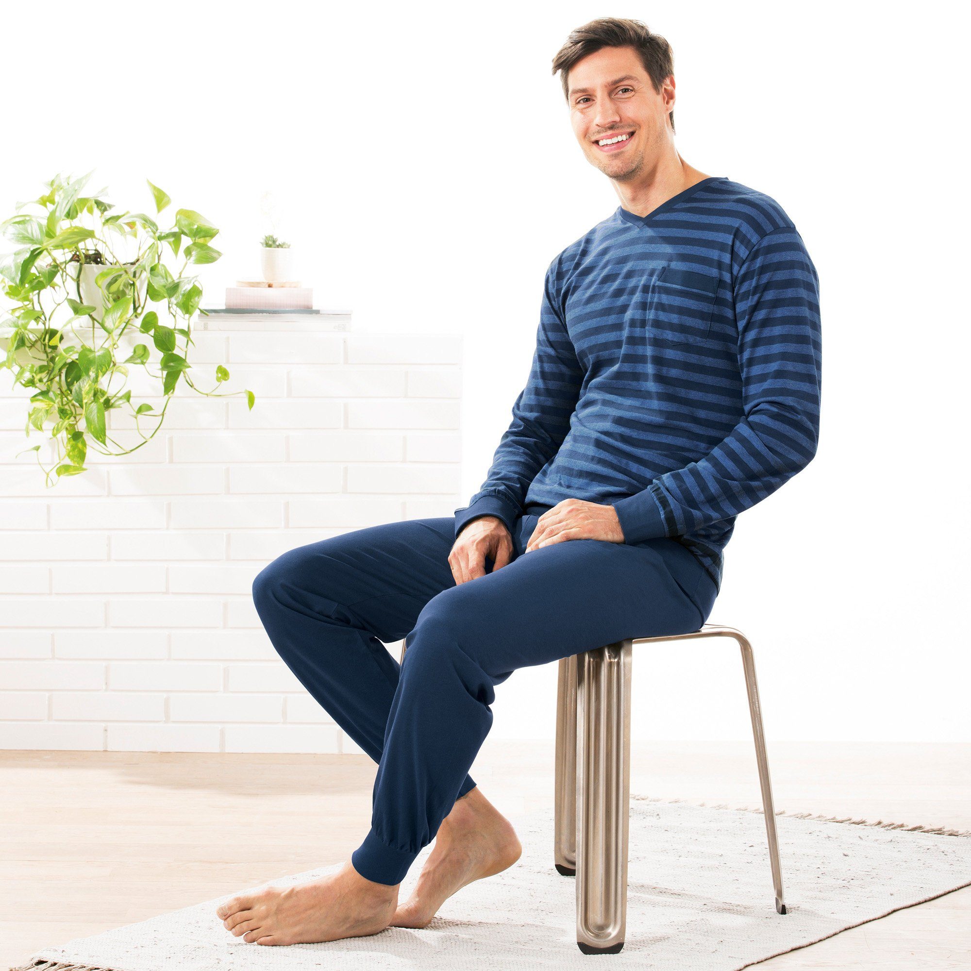 REDBEST Pyjama Herren-Schlafanzug Single-Jersey Streifen