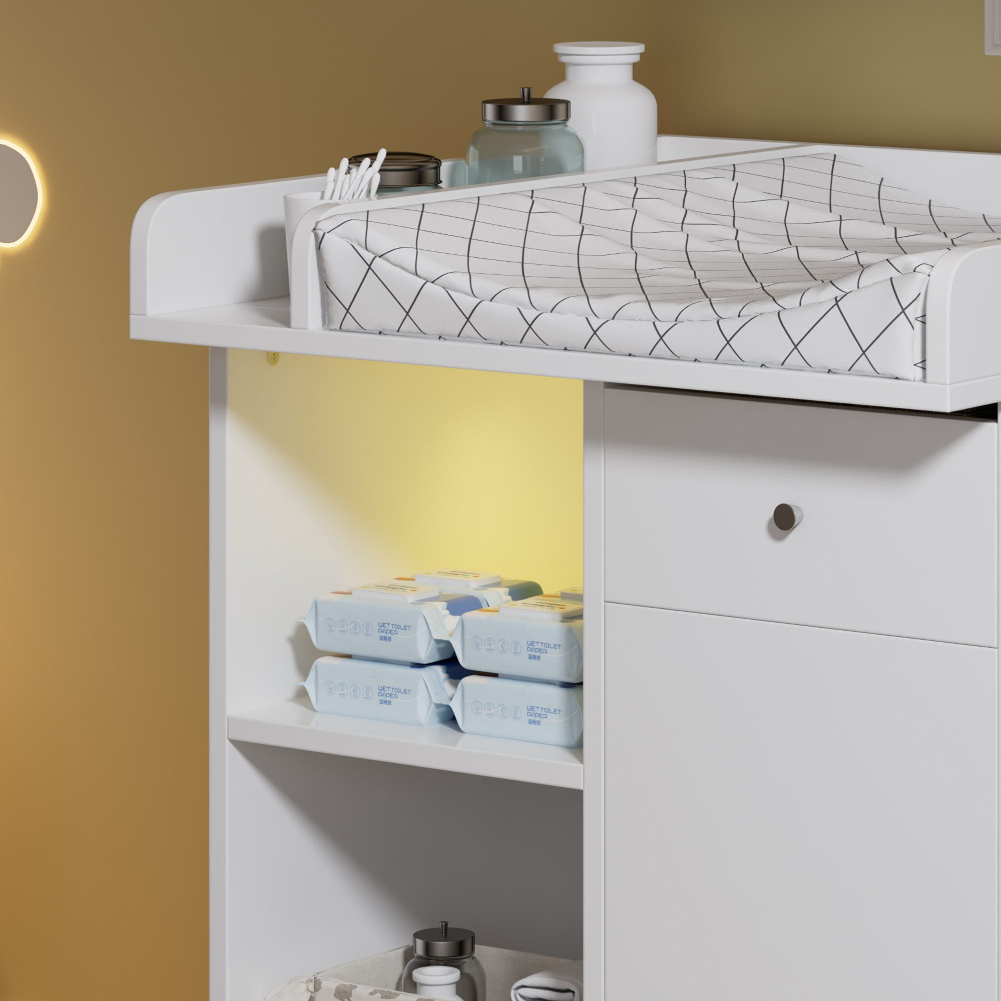 Flieks Wickelkommode, Wickeltisch 80x75x100cm mit verstellbarer LED-Beleuchtung 2 Schubladen
