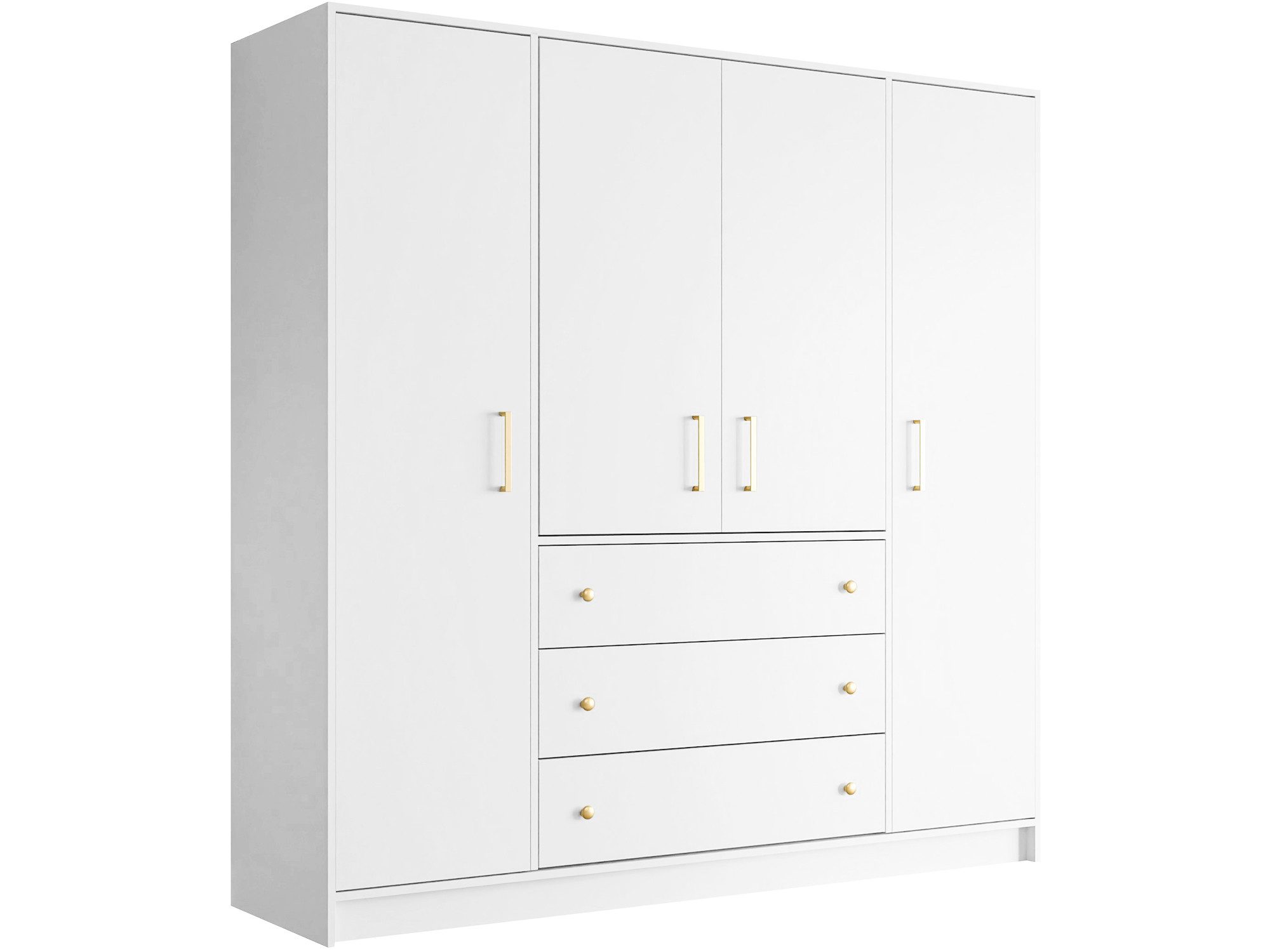Beautysofa Drehtürenschrank RILO mit 4 Türen und goldfarbene Griffe (Kleiderstange, 8 Regalböden, 3 Schubladen, Farbe: Kaschmir, Weiß oder Schwarz) Breite: 196 cm
