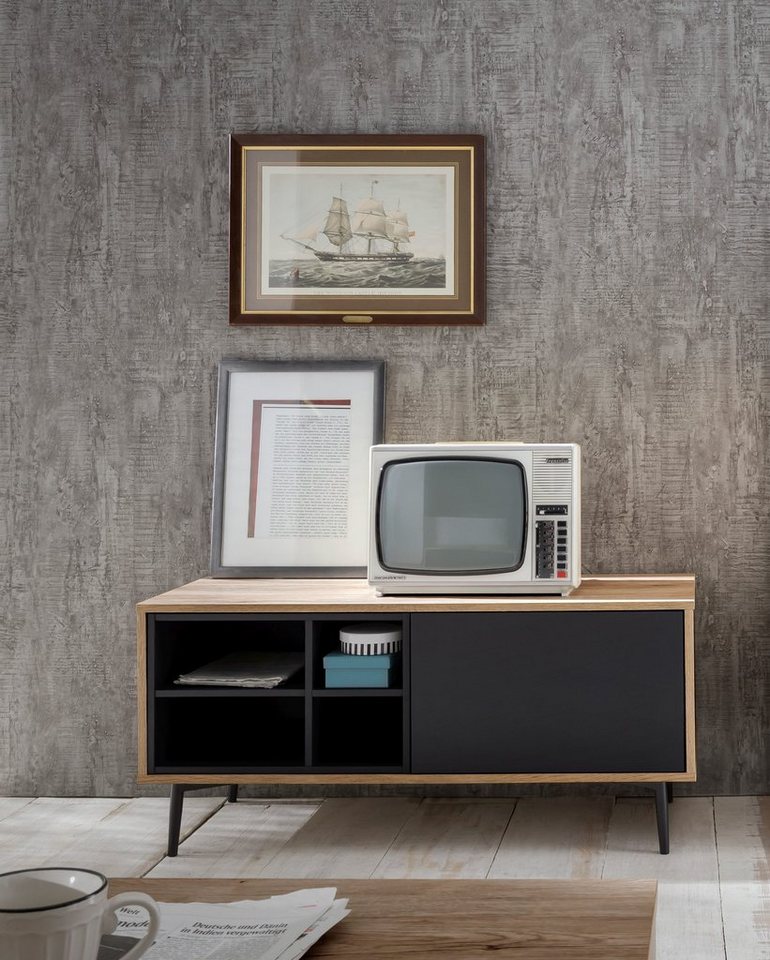 SIT Lowboard Lecco im Scandi-Stil mit 1 Tür, 4 offenen Fächern und Metallbeinen, Grifflose Front mit glatter Dekorfolie und stilvollen Metallbeinen