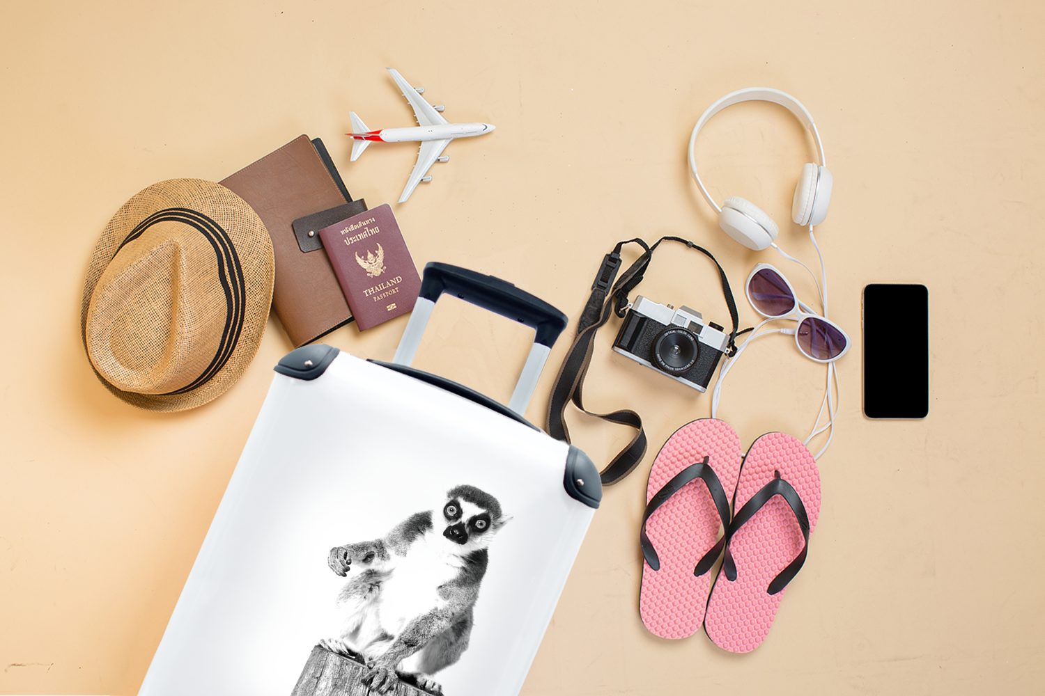 Ferien, 4 Reisetasche Studio-Porträt eines Reisekoffer Trolley, - mit Handgepäck MuchoWow Handgepäckkoffer rollen, für Rollen, schwarz-weiß, Ringelschwanz-Lemuren