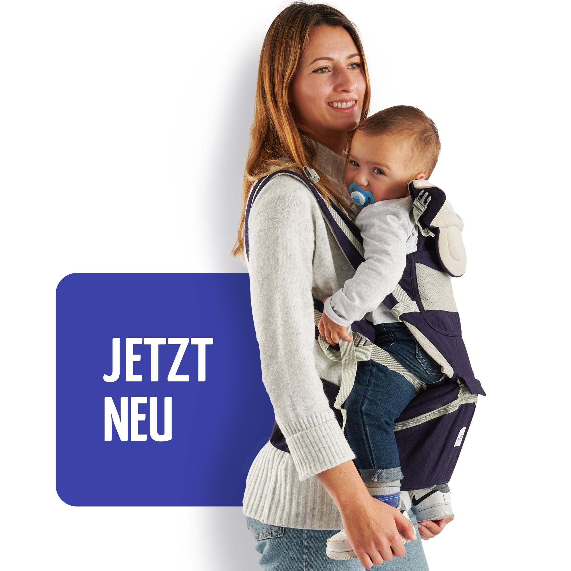 SafeChild Babytrage Premium Design, 100% Baumwolle, Mesh-Gewebe, Neugeborene, Hüftsitz, Flaschenhalterung, Windeltasche, Handytasche Dunkelblau