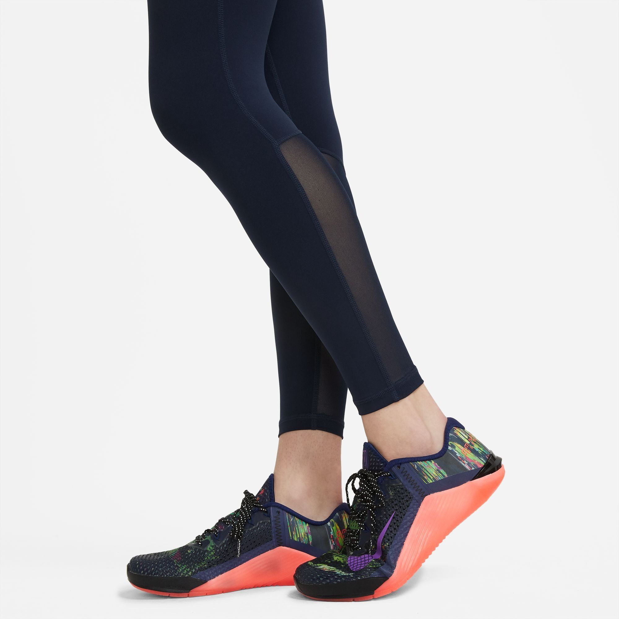 Nike WOMEN'S MID-RISE MESH-PANELED LEGGINGS Trainingstights OBSIDIAN/WHITE PRO