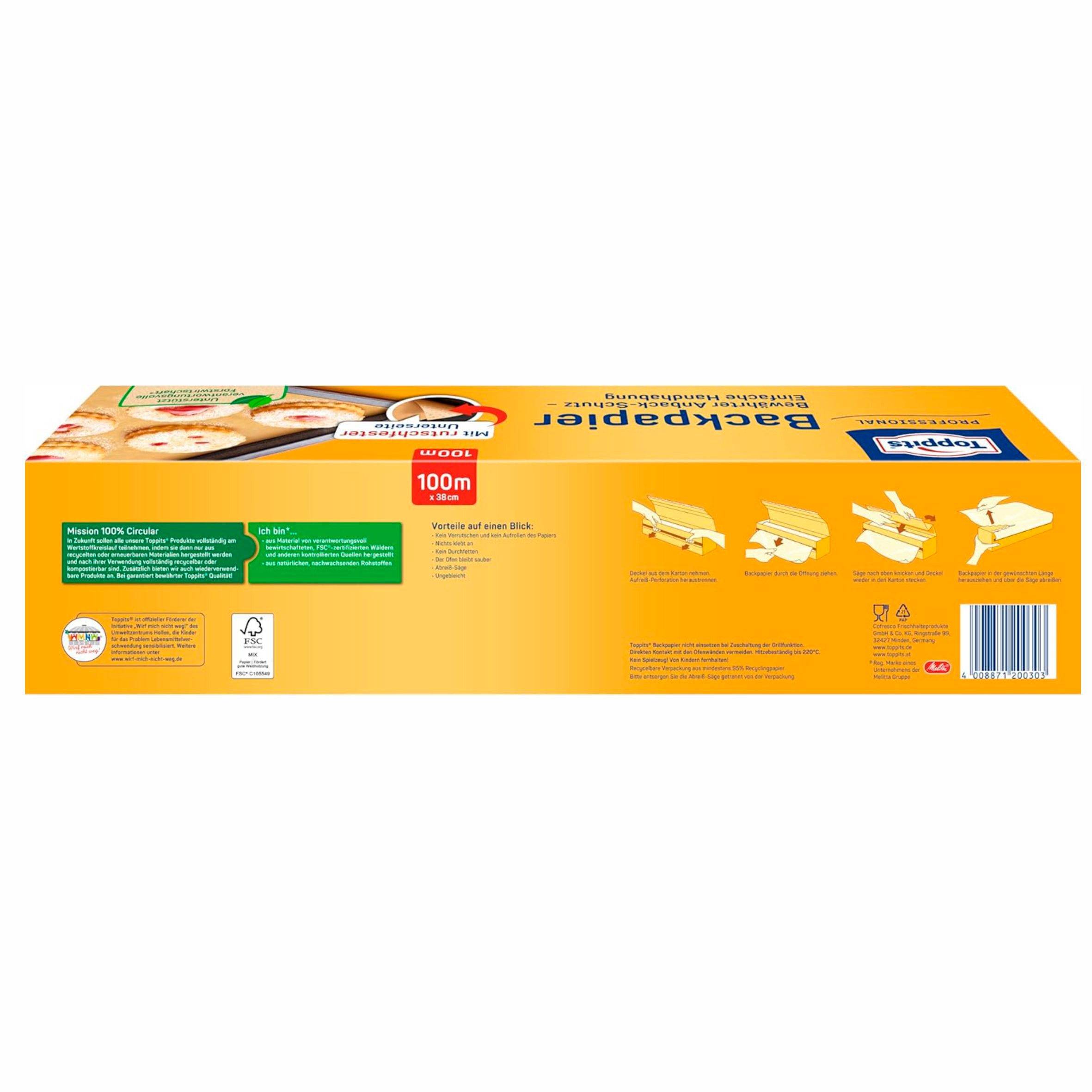 Toppits Backpapier Toppits Backpapier - 1 x 100 m Rolle, Antihaft, mit Abreiß-Säge, Rutschfest, FSC zertifiziert
