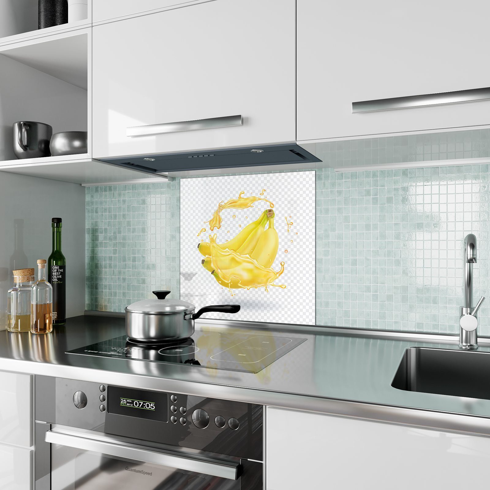 Motiv Küchenrückwand Küchenrückwand Spritzschutz mit Glas Bananensplash Primedeco