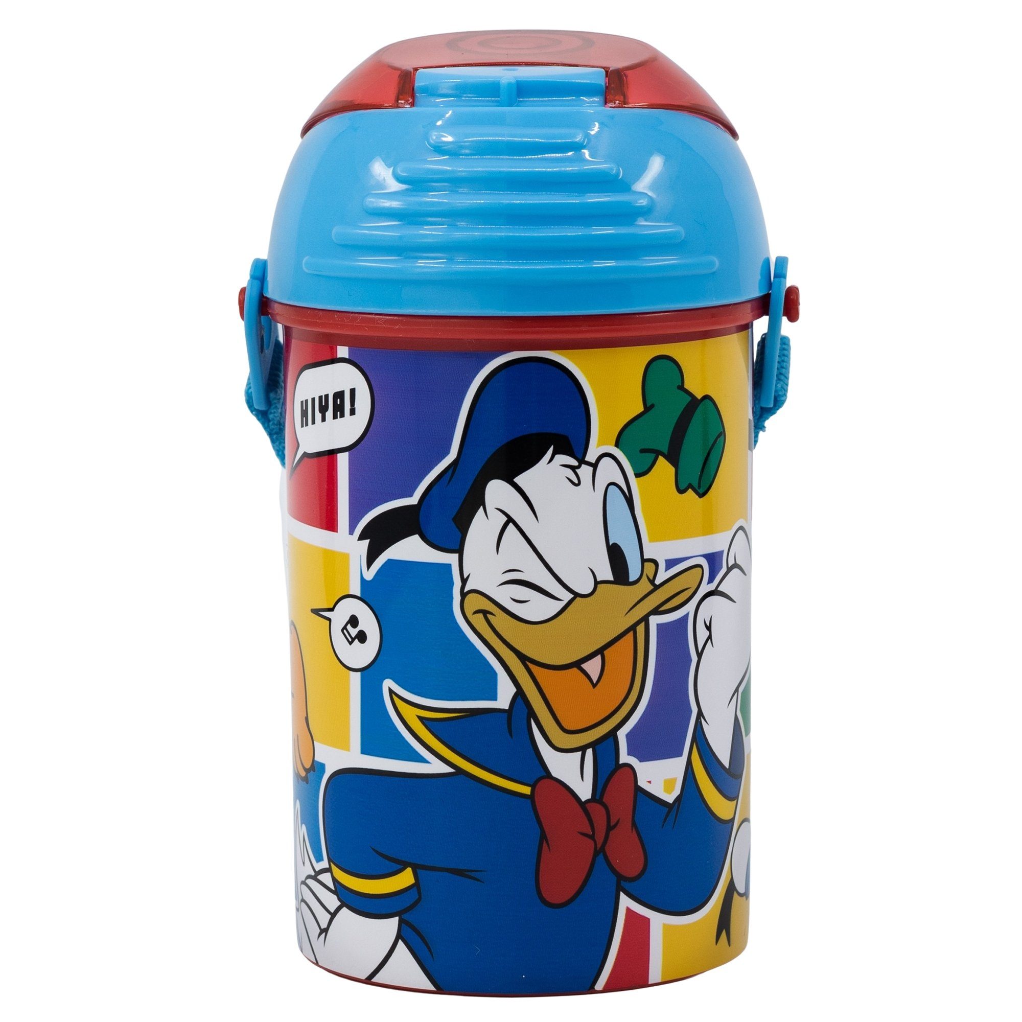 Disney Trinkflasche Disney Mickey Maus und Donald Wasserflasche, Flasche mit Trinkhalm Gurt 450ml