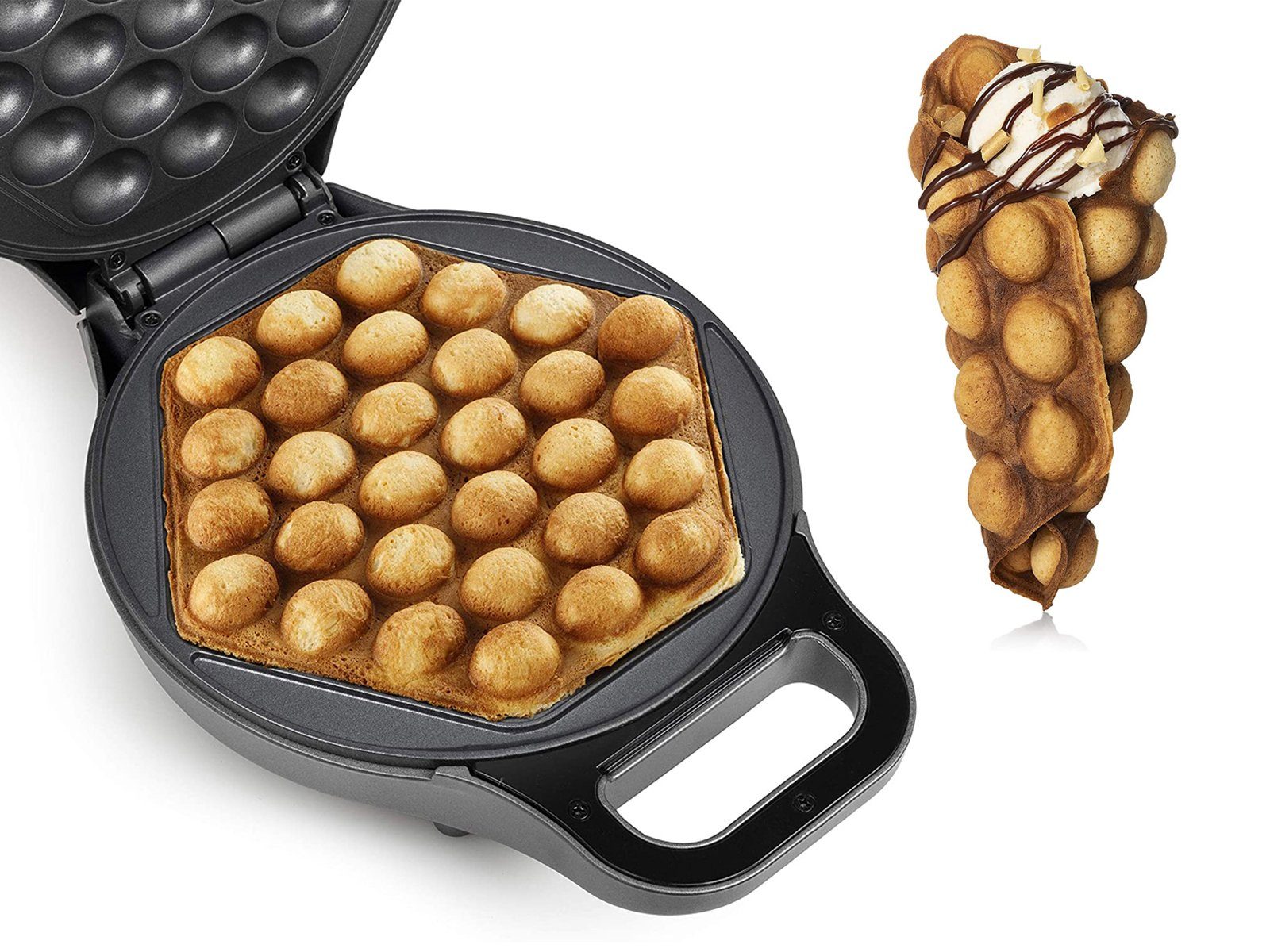 PRINCESS Waffeleisen, 700 W, für Bubble Eierwaffeln Waffelhörnchen Wafflemaker mit Waffel-Gabel