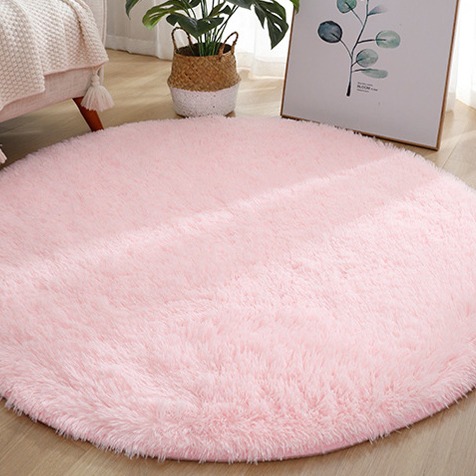 Wohnzimmer Fellteppich Bettvorleger, Kunstfell, Shaggy, Teppiche Hochflor-Teppich Rund, für Rund, Teppich 120CM Hochflor Wohnzimmerteppich Schlafzimmer, REDOM, Pink Schlafzimmer