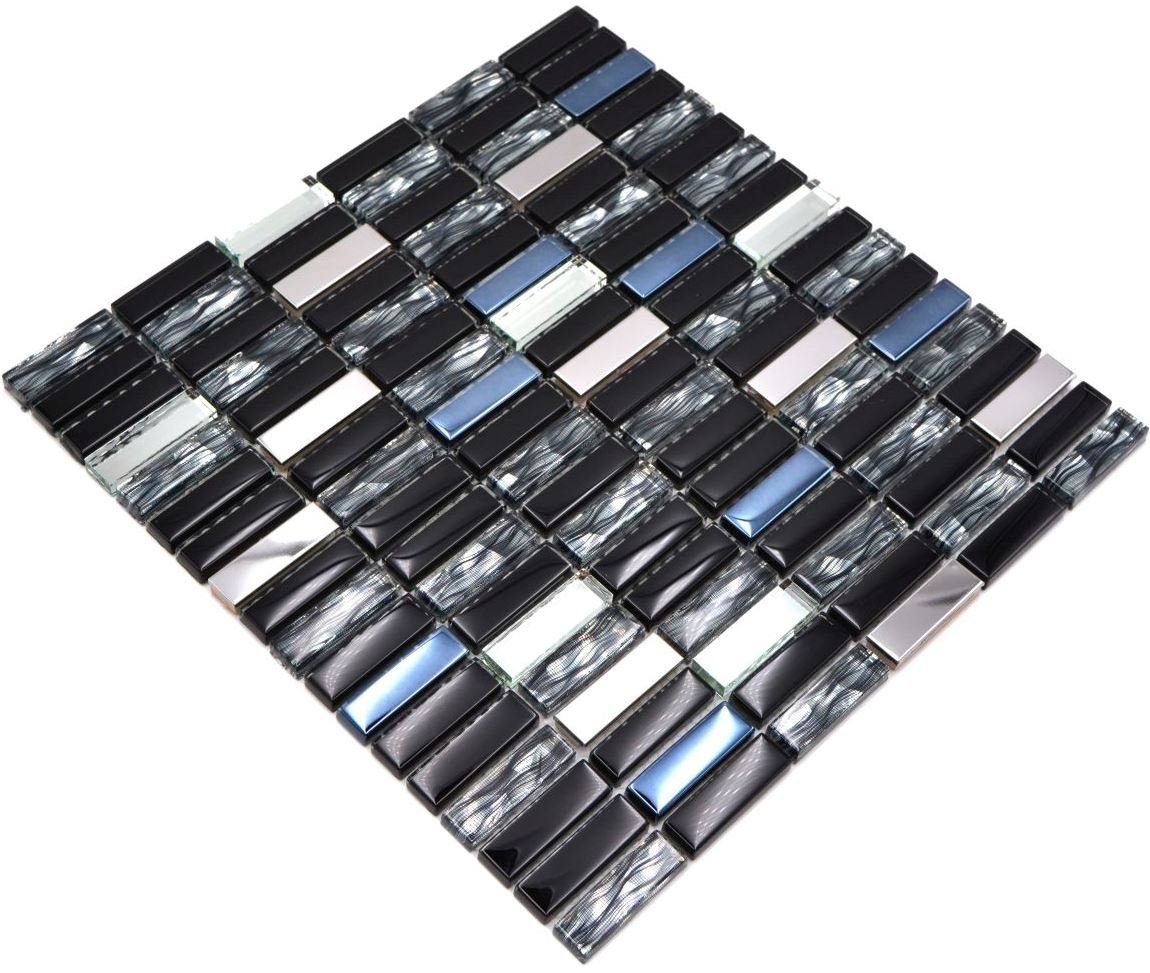 Mosani Mosaikfliesen 10 Mosaikfliesen glänzend Matten Edelstahl / schwarz Glasmosaik