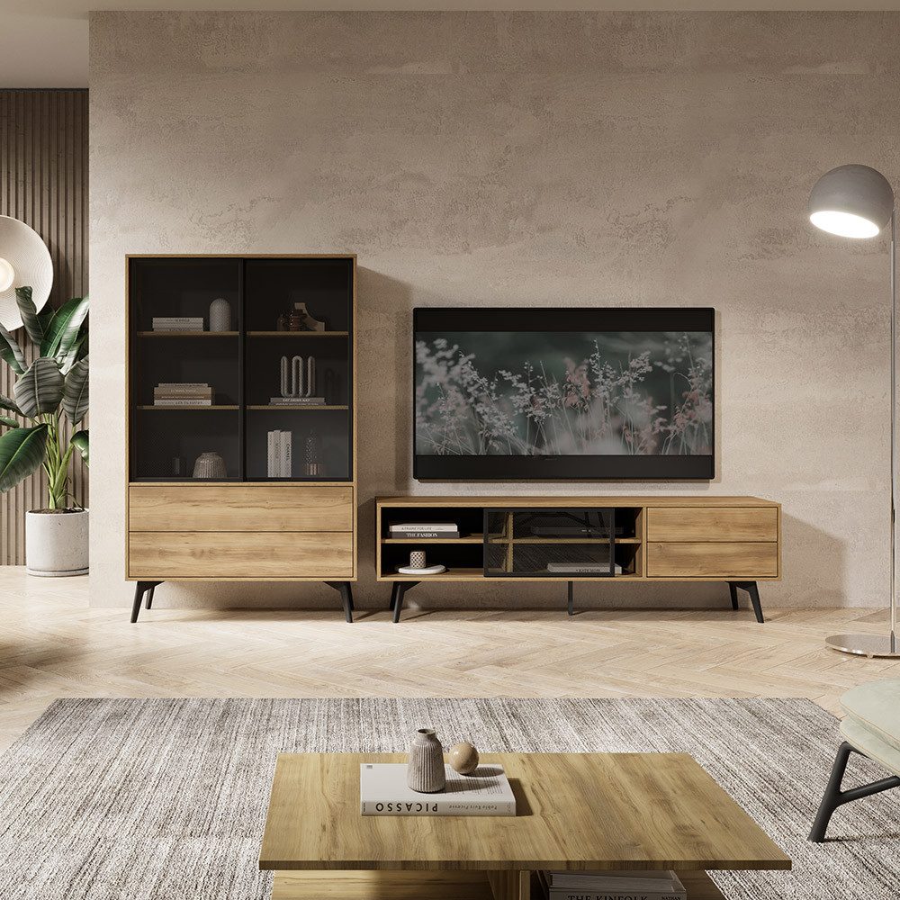 Lomadox Wohnwand SIRACUSA-160, (2-St., Vitrine Lowboard), Wohnwand in Eiche mit TV-Board und Vitrinenschrank