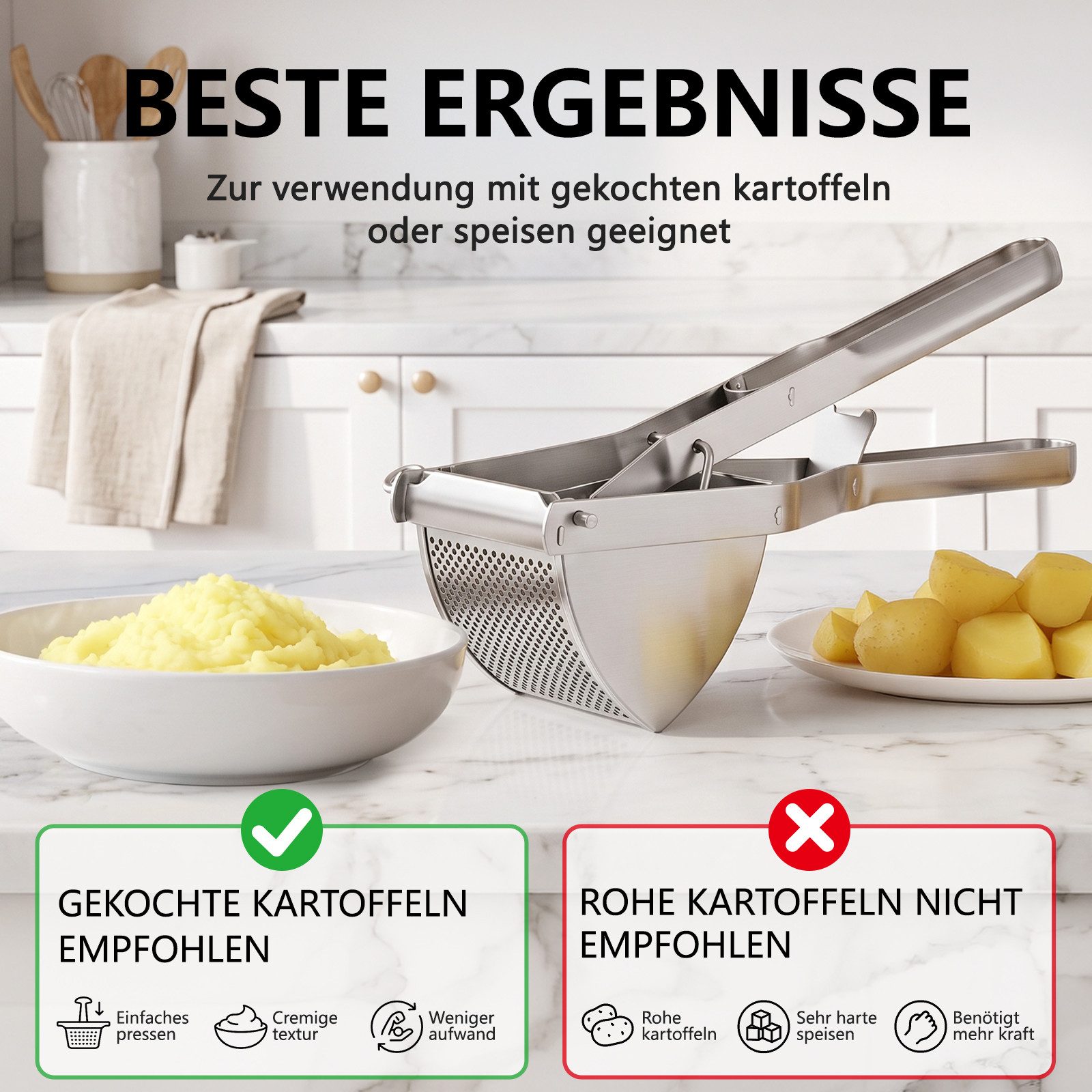 PFCTART Kartoffelpresse Kartoffelpresse Kartoffelstampfer aus Edelstahl mit Schneideeinsatz (1 St), Edelstahl, Spätzlepresse & Spaghettieispresse, rostfrei, 0,6 L