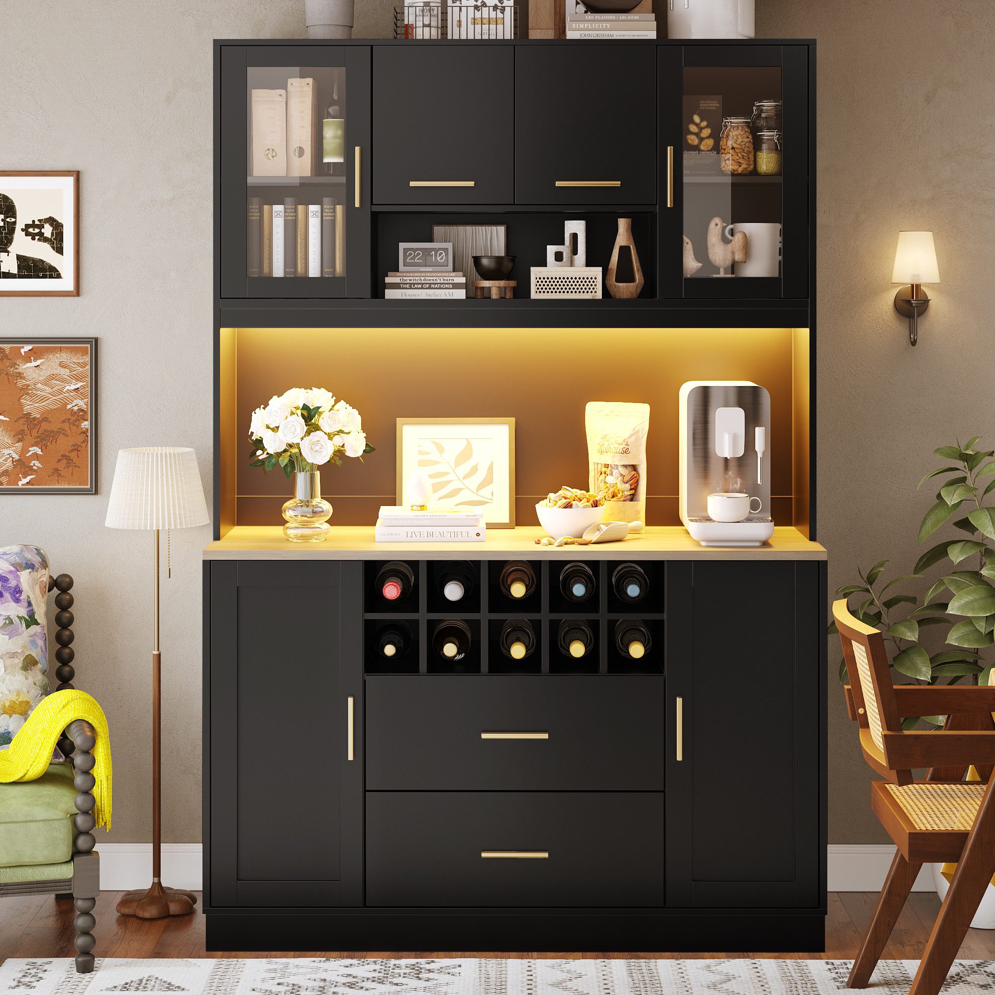 i@home Küchenbuffet Küchenhochschrank mit LED-Beleuchtung & Steckdose 6 Tür günstig online kaufen