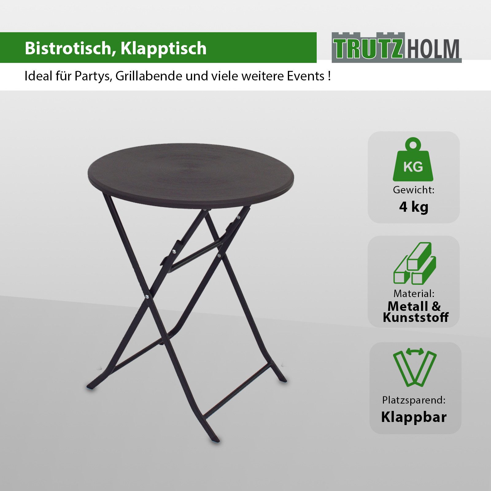 TRUTZHOLM Bistrotisch Bistrotisch Partytisch Klapptisch grau Holzoptik 60 cm Ø klappbar (pflegeleicht, 1-St), klappbar
