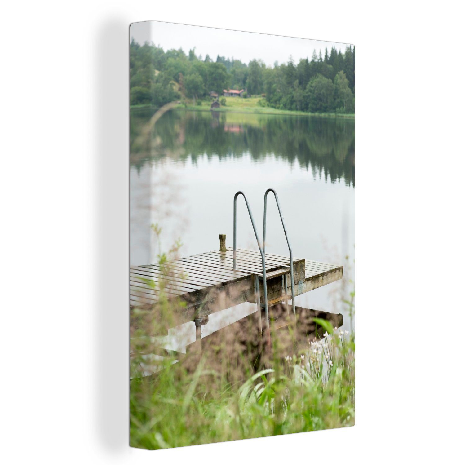 OneMillionCanvasses® Leinwandbild Skandinavischer Steg an einem See, (1 St), Leinwandbild fertig bespannt inkl. Zackenaufhänger, Gemälde, 20x30 cm