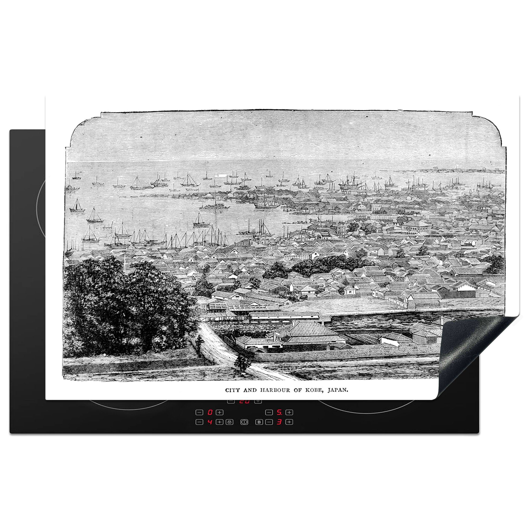 MuchoWow Herdblende-/Abdeckplatte Illustration eines Luftbilds der japanischen Stadt Kobe, Vinyl, (1 tlg), 81x52 cm, Induktionskochfeld Schutz für die küche, Ceranfeldabdeckung