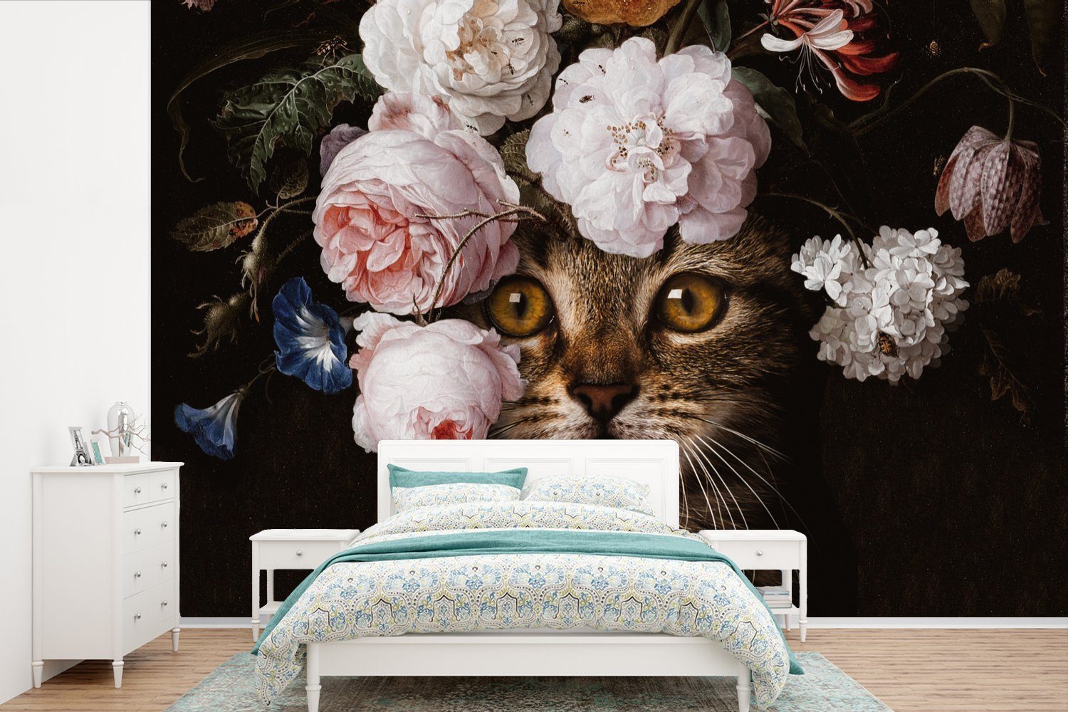 MuchoWow Fototapete Katze - Blumen - Kunst, Matt, bedruckt, (6 St), Wallpaper für Wohnzimmer, Schlafzimmer, Kinderzimmer, Vinyl Tapete