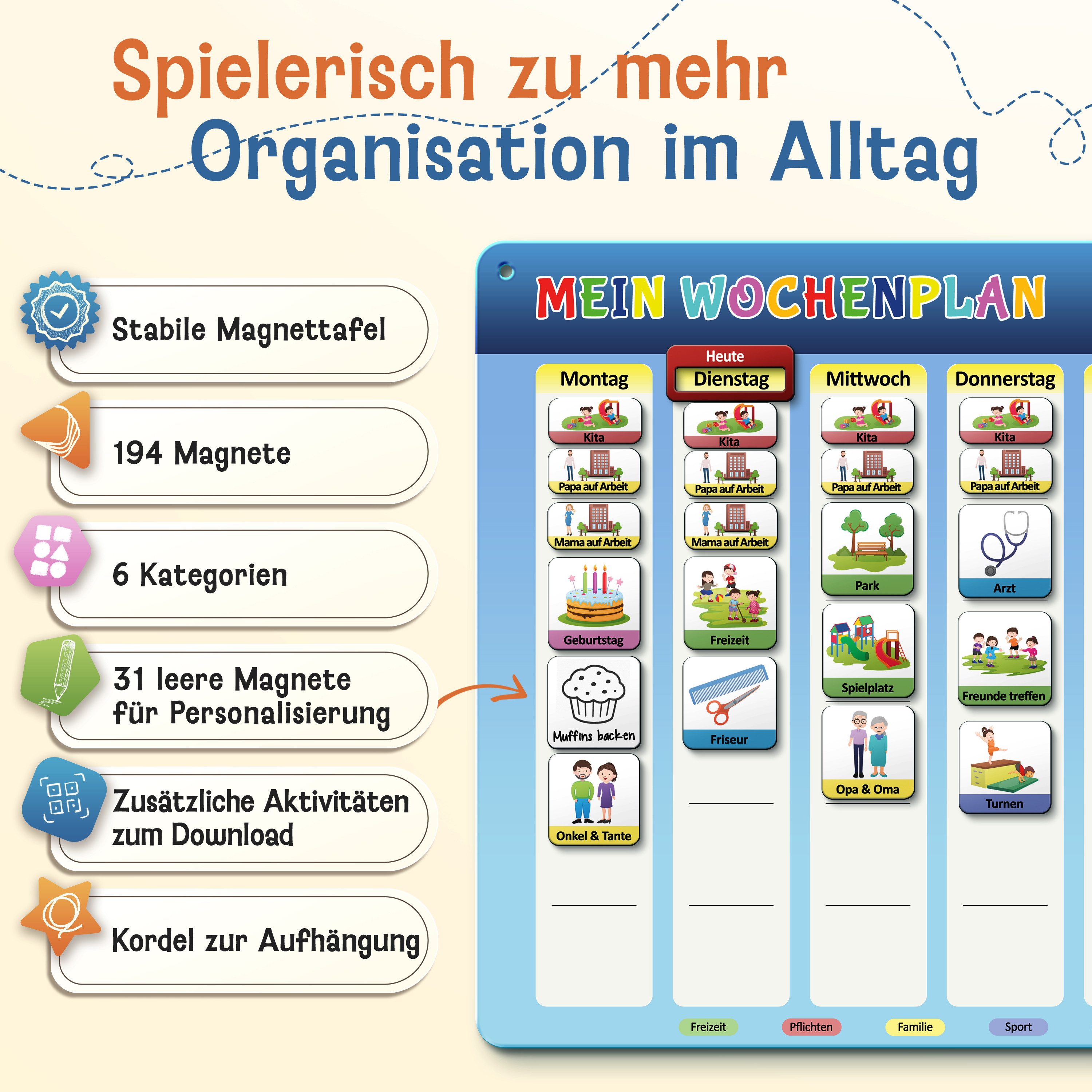 Likarto Magnettafel Magnetischer Wochenplaner für Kinder Montessori Planer mit 198 Magnete, Mit Kordel - Komplett beschreib- und abwischbar