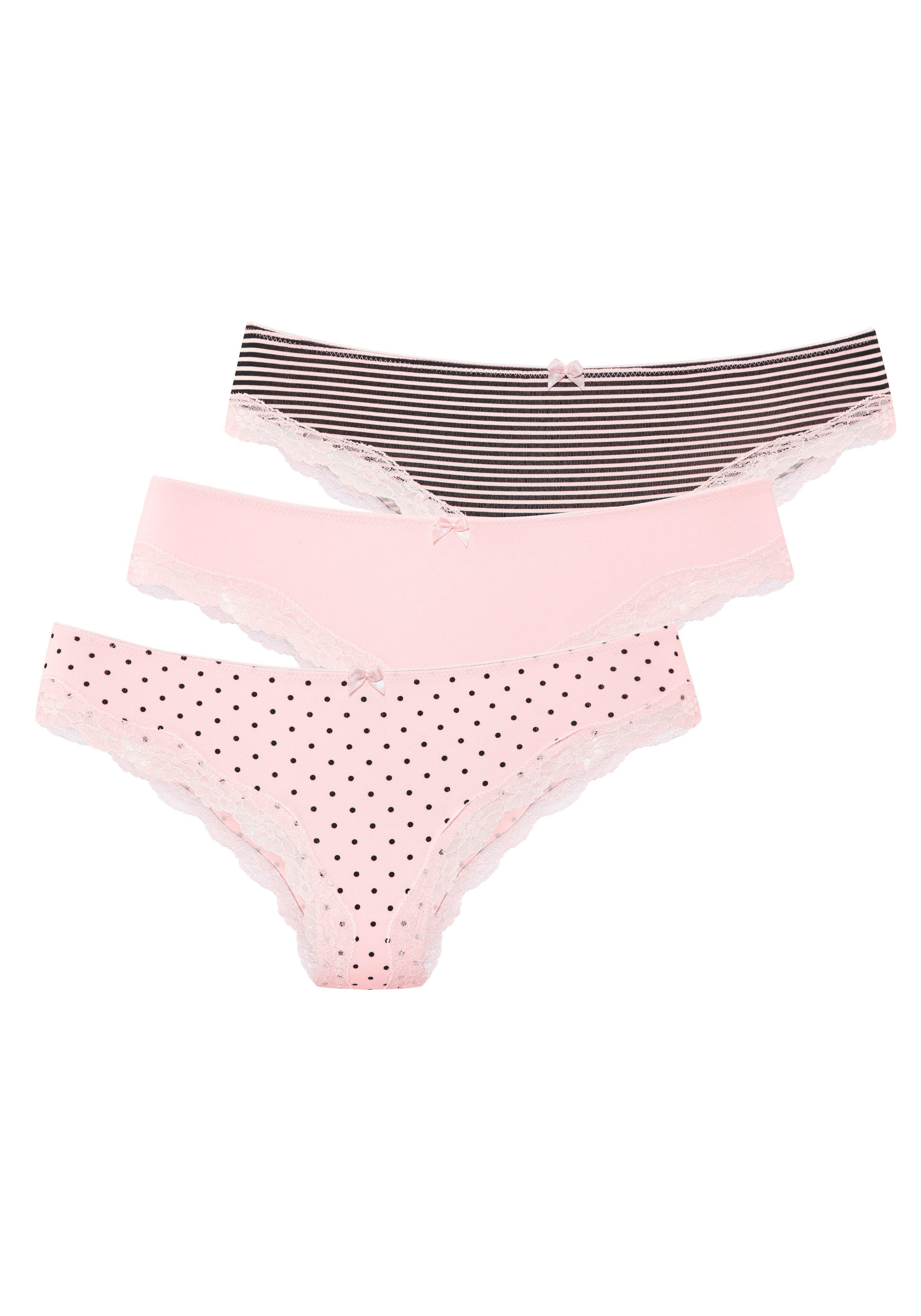 LASCANA Brasilslip (3er-Pack) aus elastischer Baumwolle mit zarter Spitze