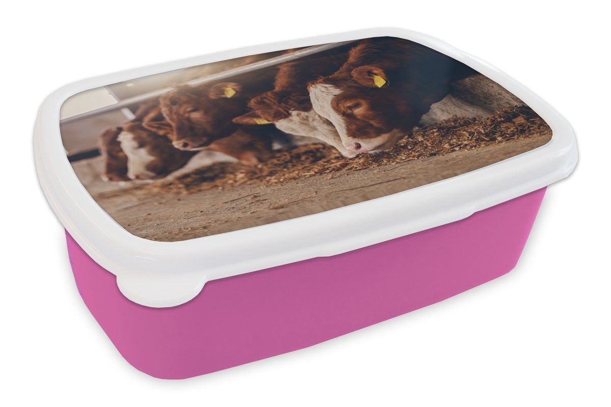 MuchoWow Lunchbox Kuh - Futter - Heu, Kunststoff, (2-tlg), Brotbox für Erwachsene, Brotdose Kinder, Snackbox, Mädchen, Kunststoff rosa