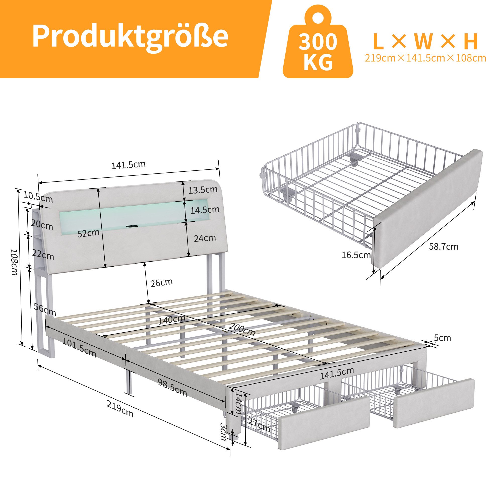 Gdood Polsterbett Stauraumbett Doppelbett LED (1 tlg, Mit Zwei extra große Schubladen), Mit LED-Beleuchtung, USB & TYPE-C Anschlüsse, Samt, 140x200 cm