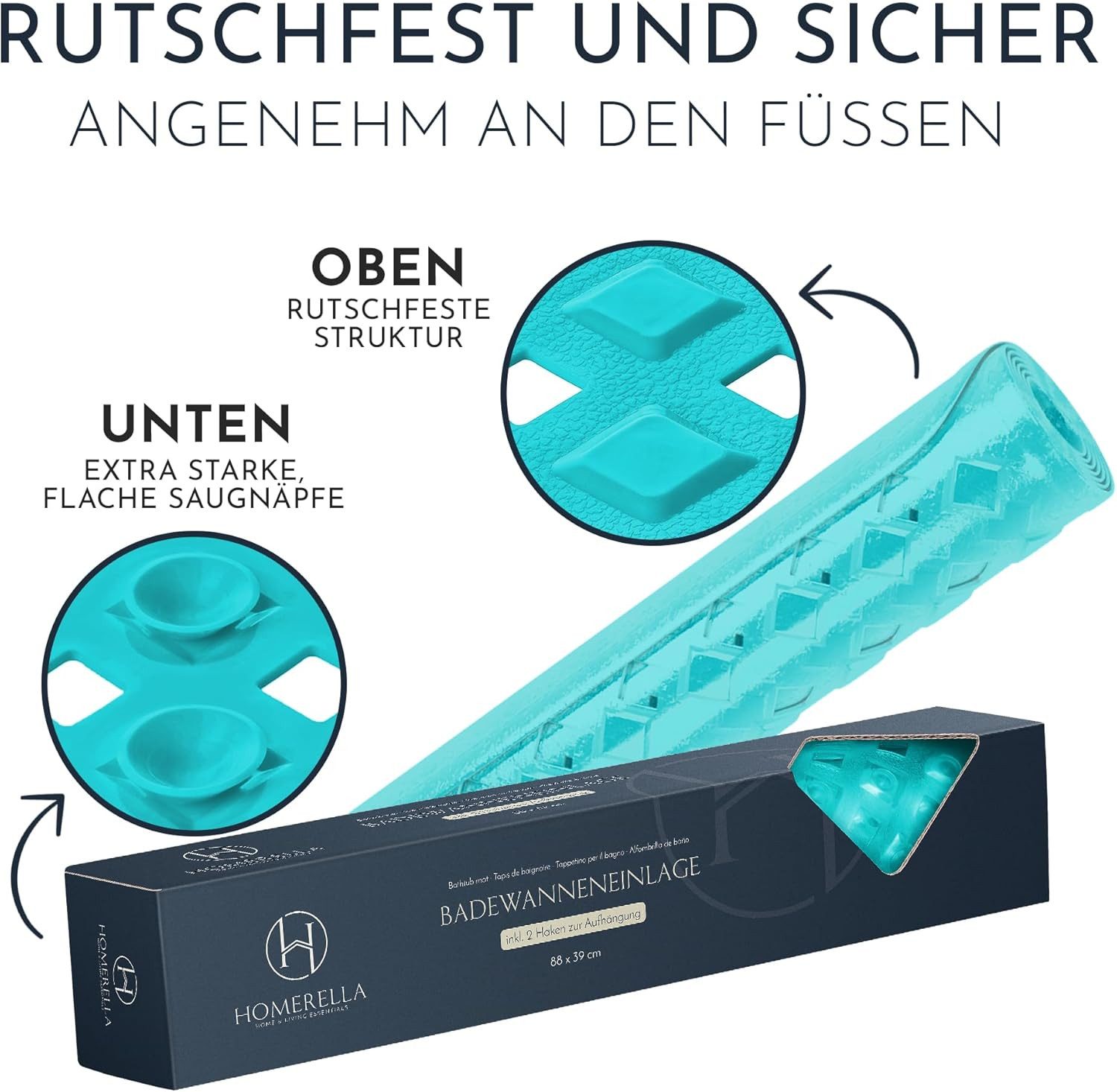 Homerella Badematte rutschfest Hautsensitiv 88x39cm, INKL. AUFHÄNGUNG, Antirutschmatte Badewanne BPA frei, Duschmatte schimmelresistent & maschinenwaschbar – Bild 4 von 5