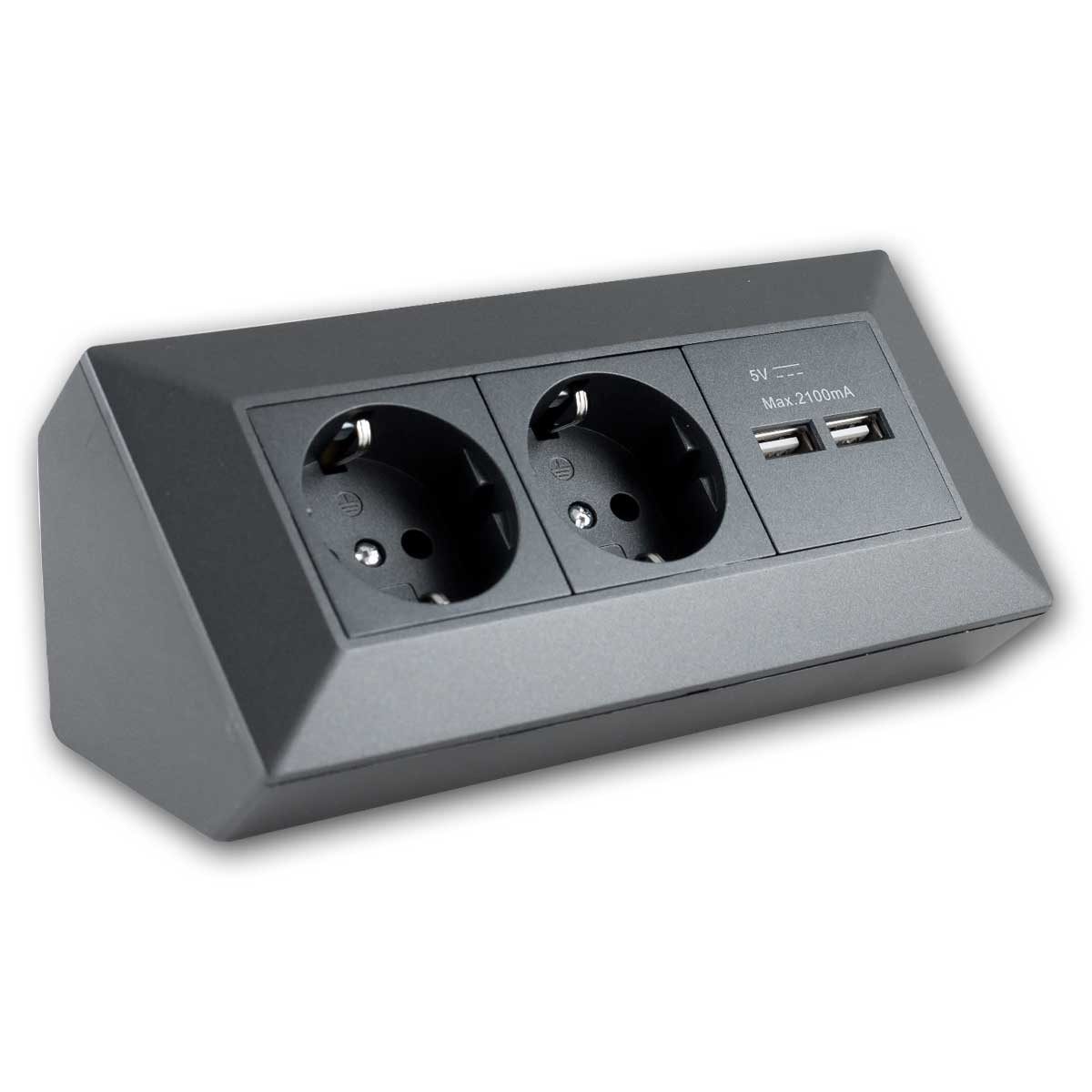 ChiliTec Aufputz-Steckdose 2-fach Aufbau-Steckdosenblock + 2x USB-A anthrazit