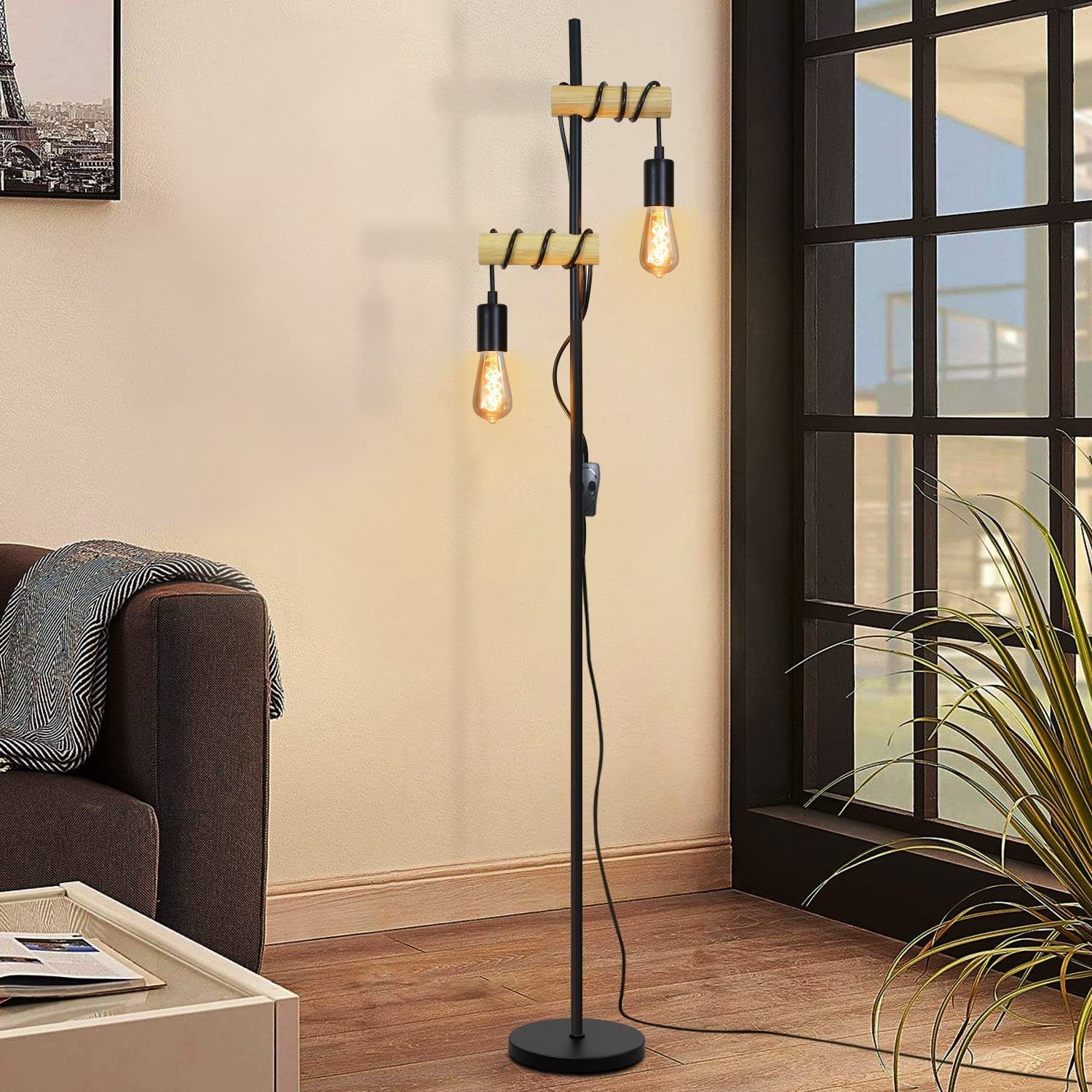ZMH Stehlampe Wohnzimmer Industrial Schwarz Retro E27 2 Flammig 180°, ohne Leuchtmittel