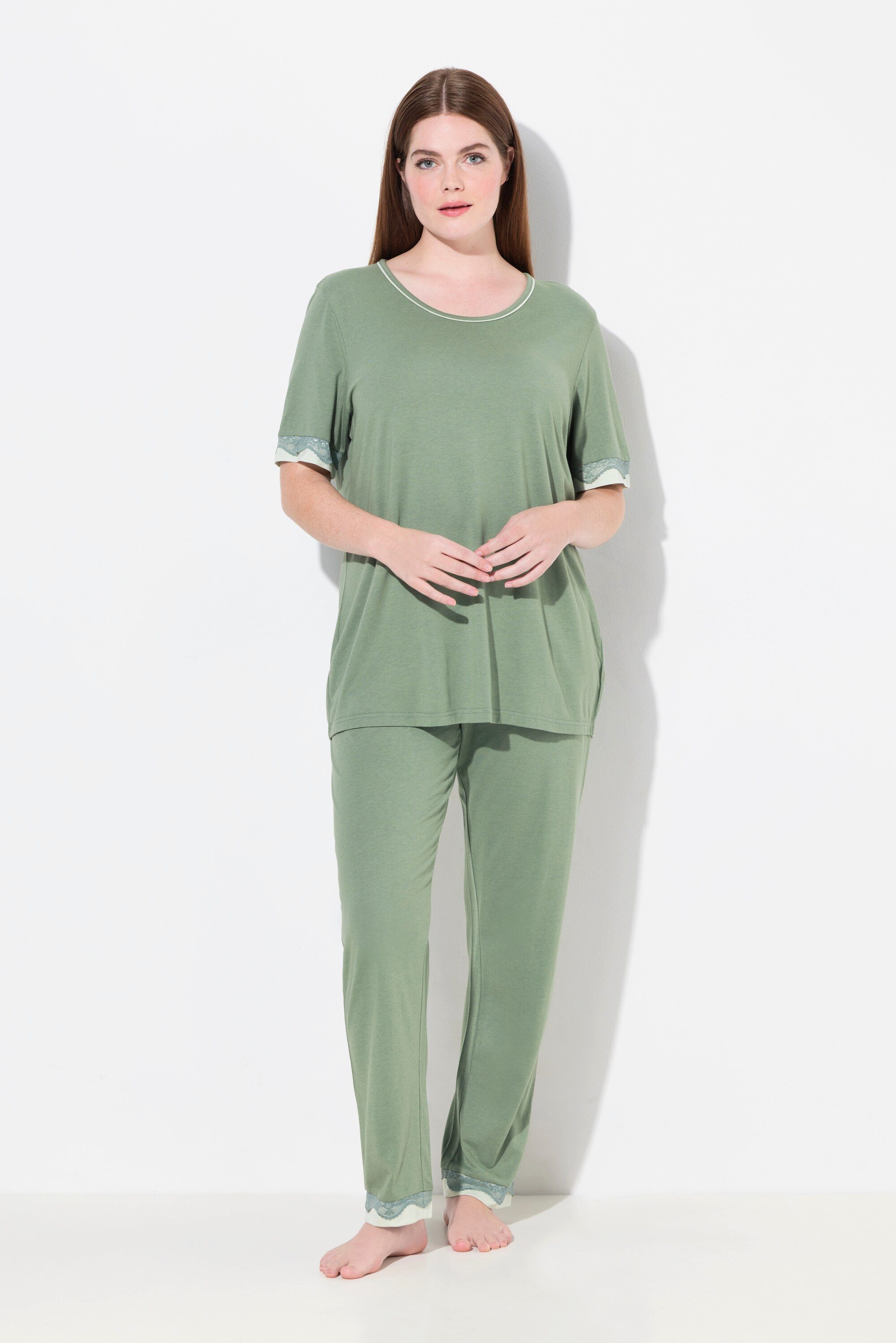 Pyjama Schlafanzug Spitzenkanten Rundhals Halbarm