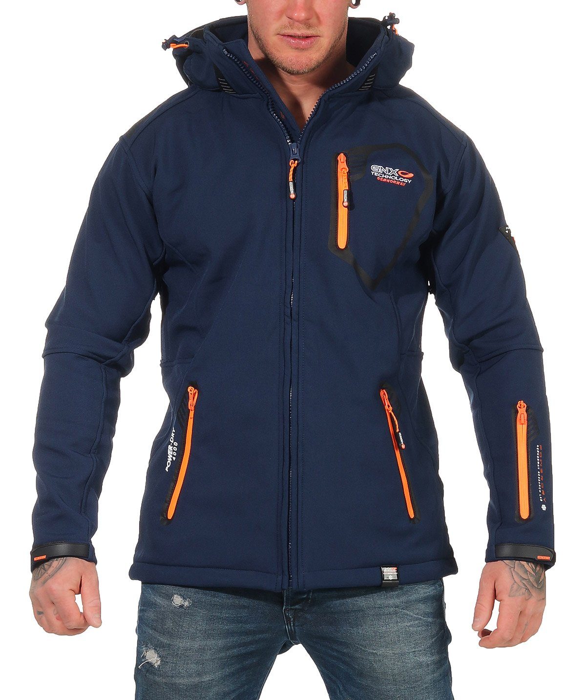 Herren, Übergangsjacke Navy Outdoor, Norway abnehmbarer Kapuze, Geographical Jacke, Softshelljacke Windbrecher, Tsunami mit